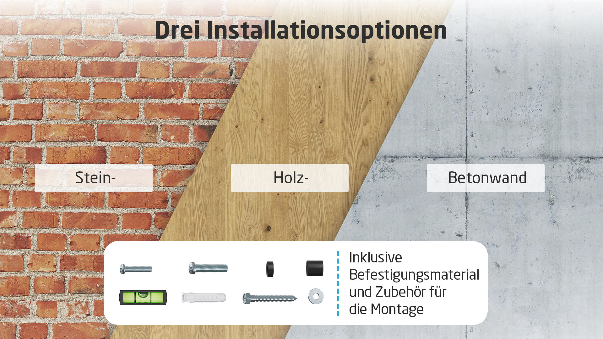 Grafik mit drei Installationsoptionen: Ziegel, Holz und Betonwand.