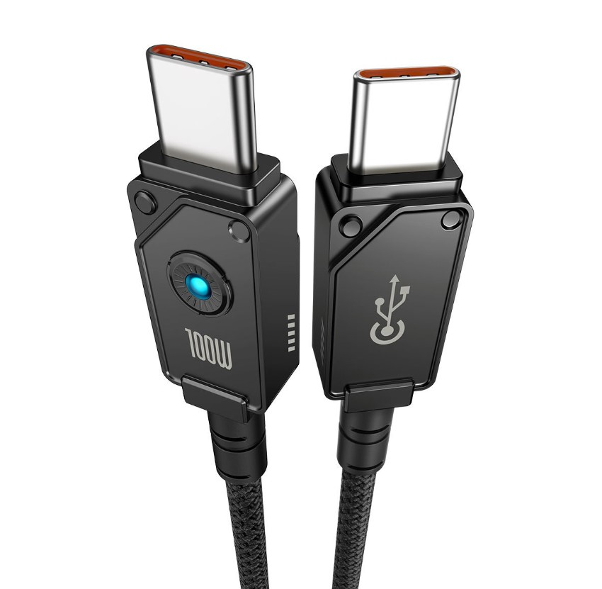 İki siyah USB-C kablosu. Biri 100W işaretine ve mavi LED'e sahip. Her ikisi de beyaz zemin üzerinde.