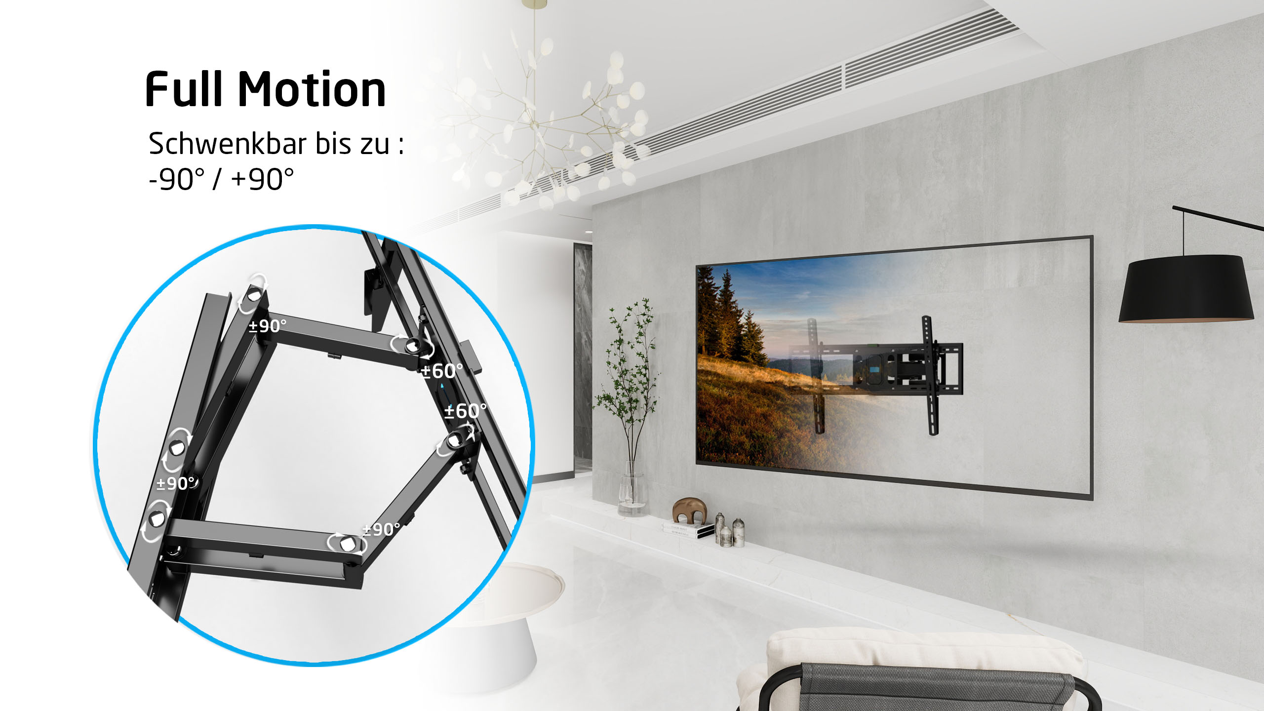 Eine an der Wand montierte TV-Halterung mit verstellbaren Armen, die den Bewegungsgrad zeigt.