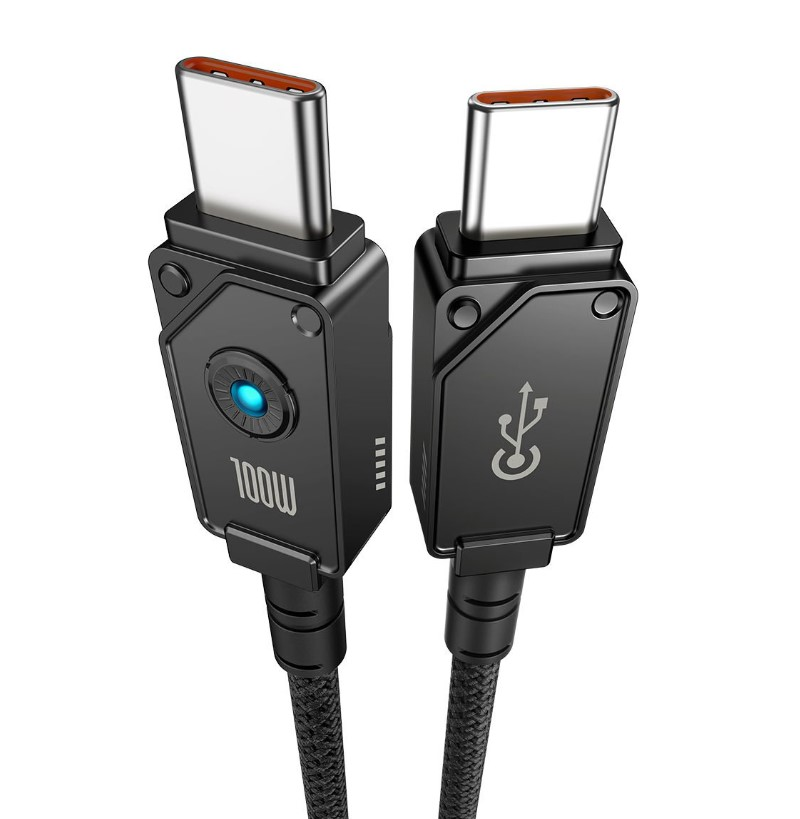 İki siyah USB-C kablosu, konektör başlıklarını gösteriyor. Birinde mavi bir güç göstergesi var.