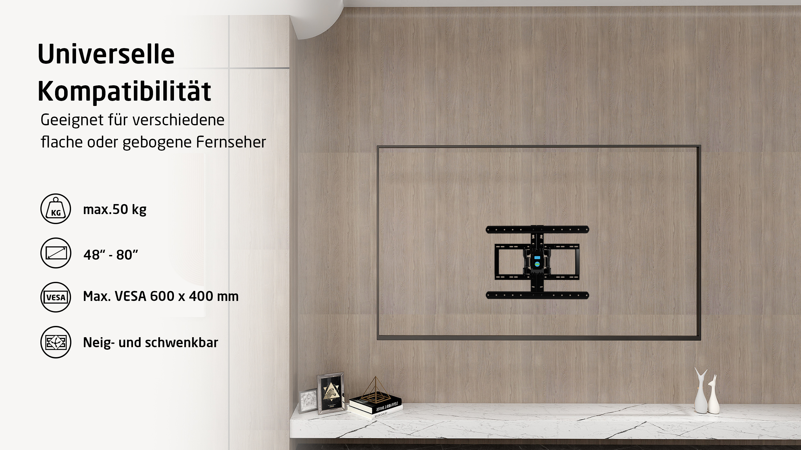 Ein Fernseher an einer Wand, mit TV-Halterung und Regal darunter.