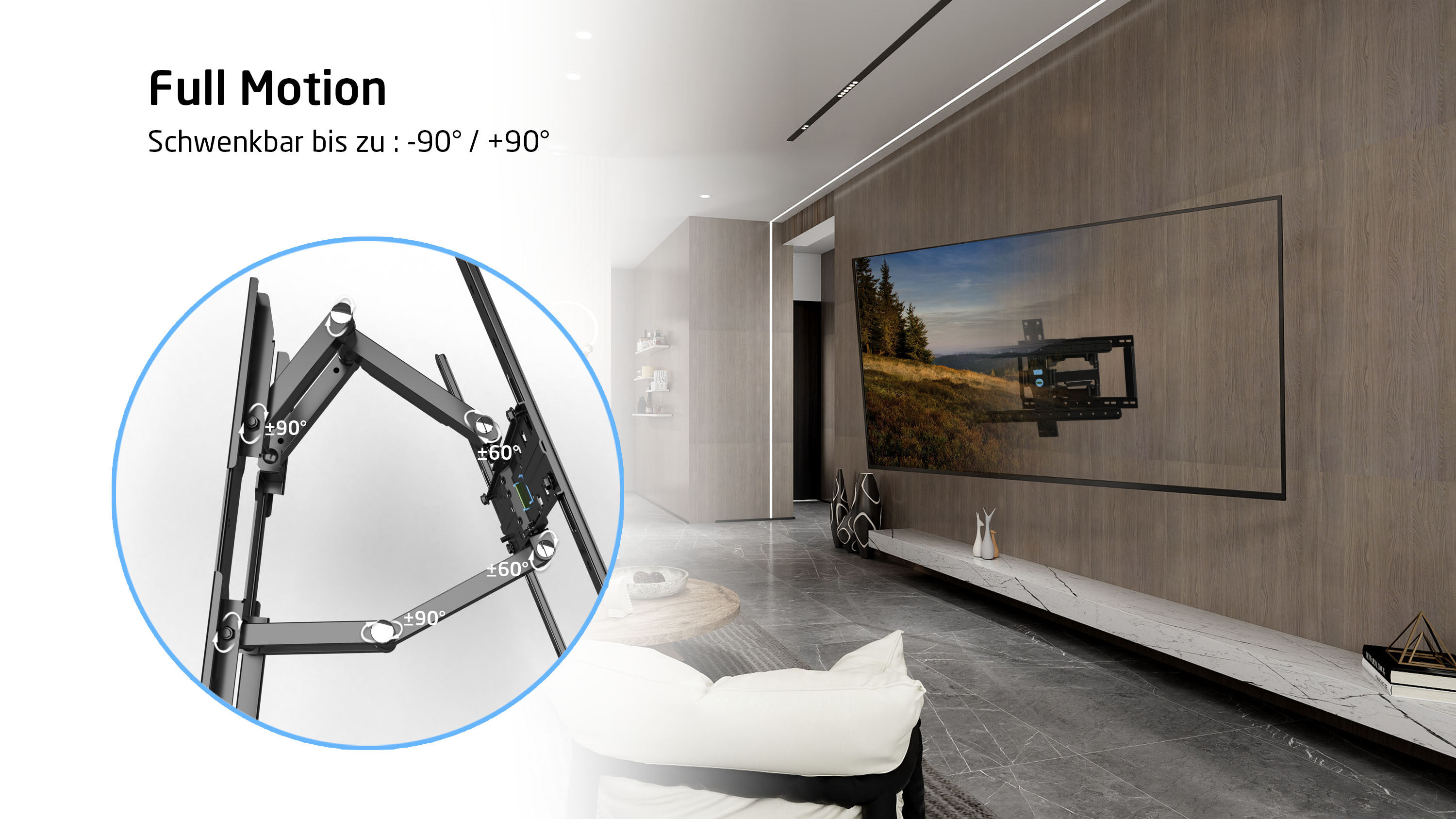 TV-Halterung mit einem Fernseher an einer Wand, die die Full-Motion-Funktion zeigt.