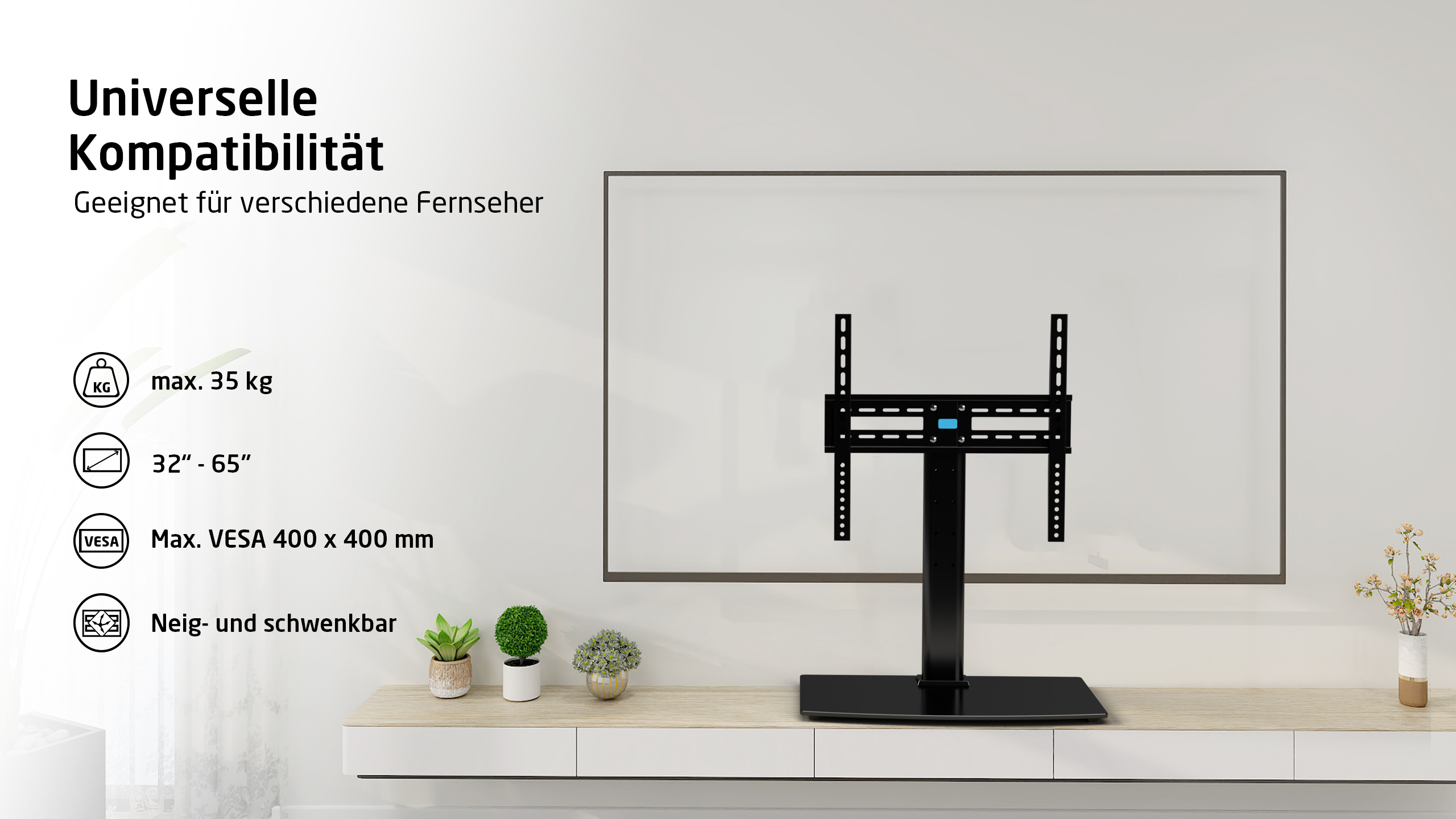Ein schwarzer TV-Ständer hält einen Fernseher. Spezifikationen: 32-65", max. 35 kg, VESA 400x400mm. Pflanzen auf dem Regal.