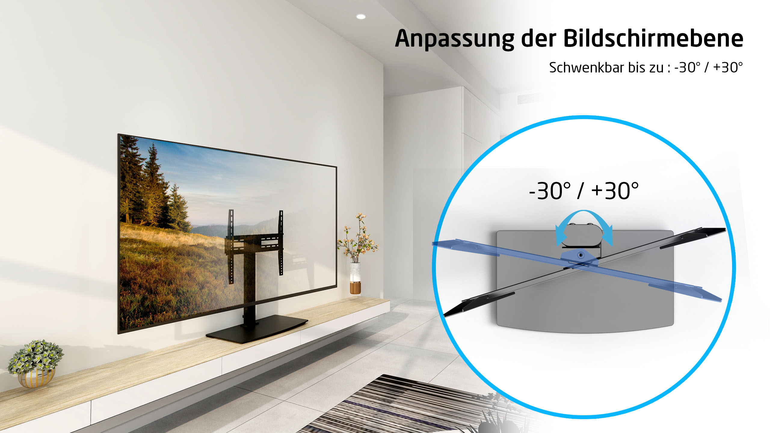 Ein Fernseher auf einem Ständer, mit einem Diagramm, das den Schwenkbereich zeigt: -30° / +30°.