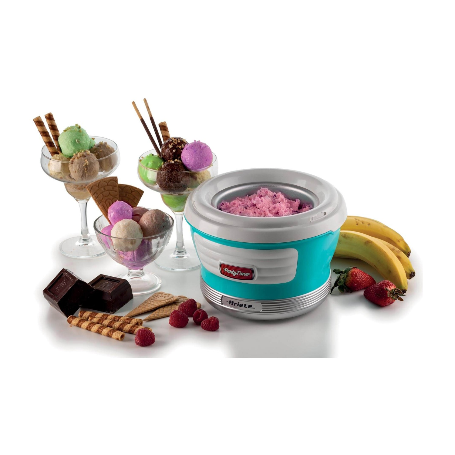 Macchina per gelato con vari gelati e guarnizioni.