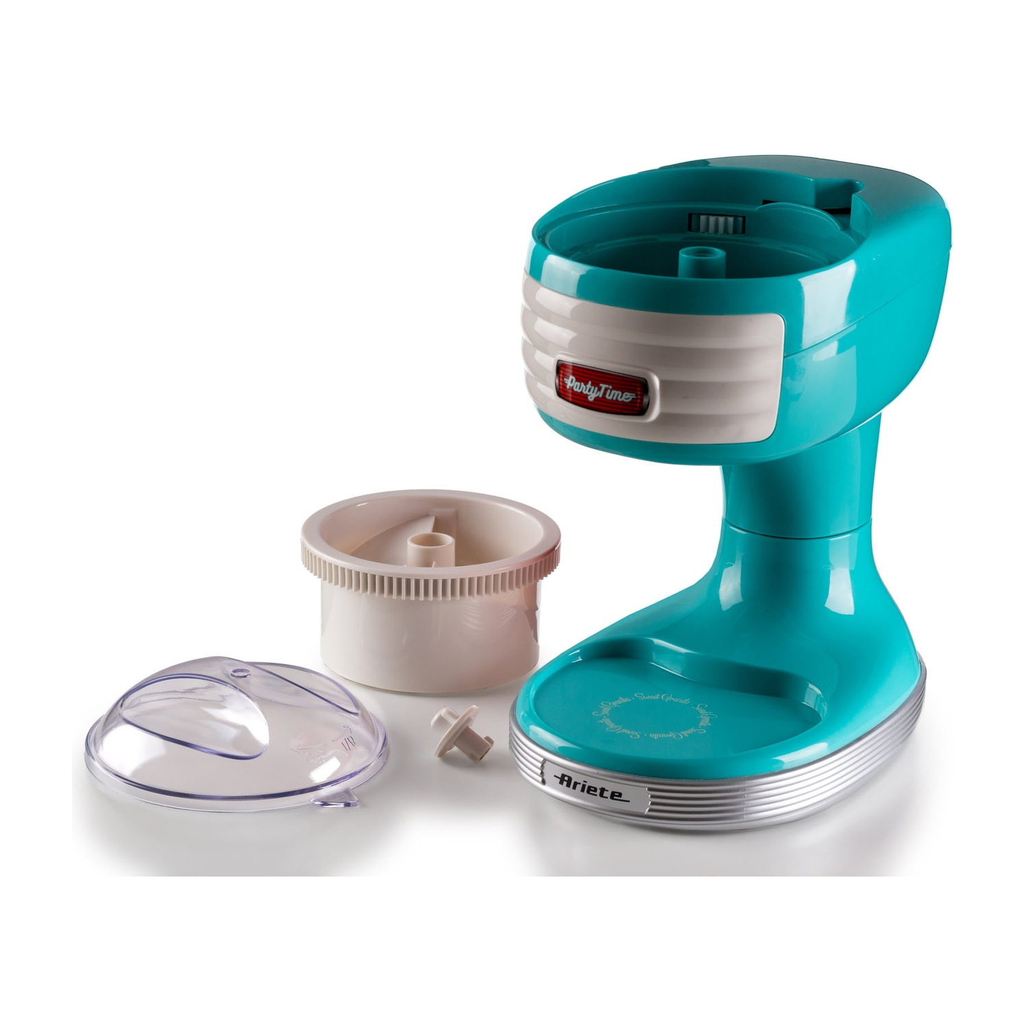 Una gelatiera Ariete Party Time blu e bianca con componenti. I componenti sono coperchio, contenitore e un piccolo tappo.