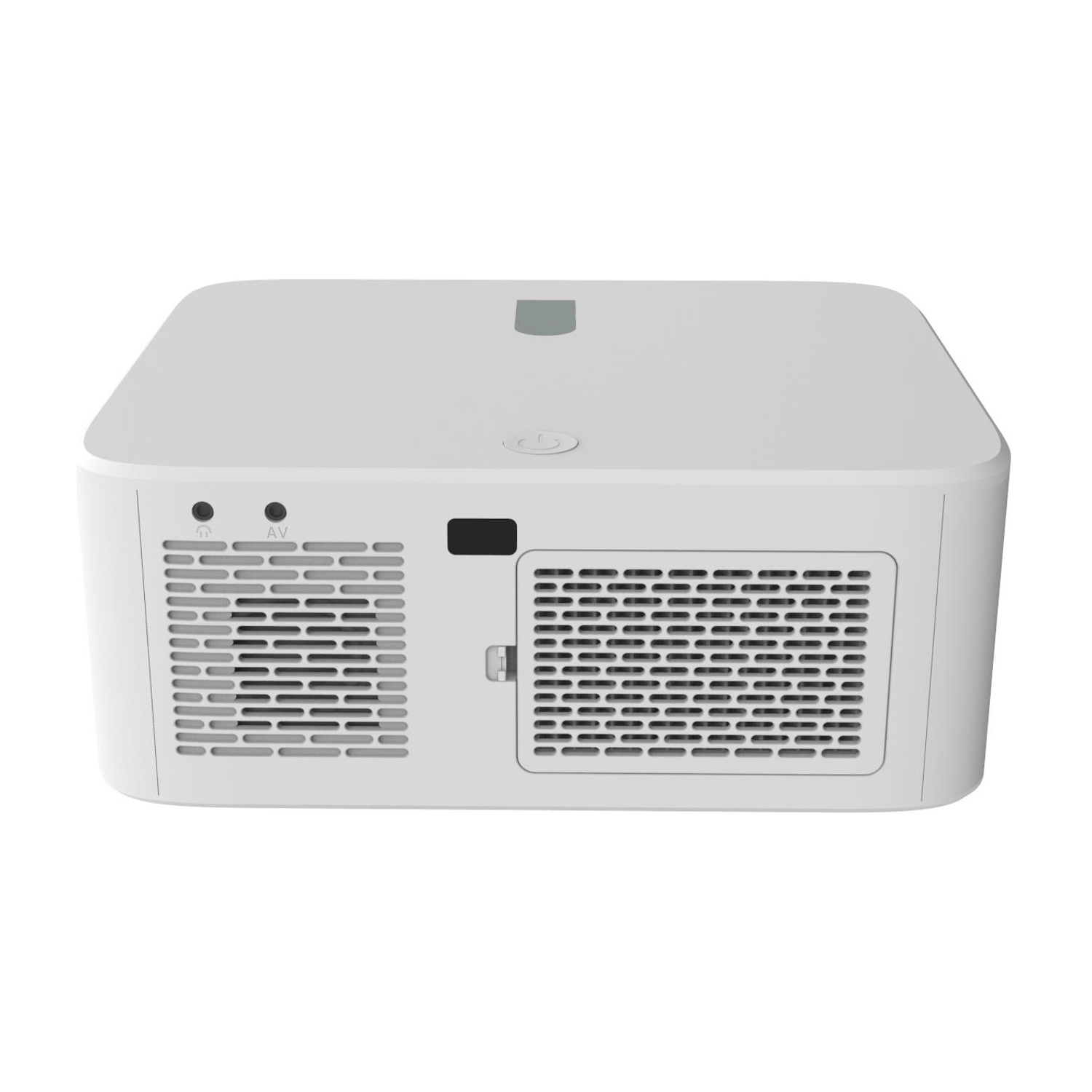 Un proiettore bianco con griglie di ventilazione e un pulsante di accensione, vista angolata.
