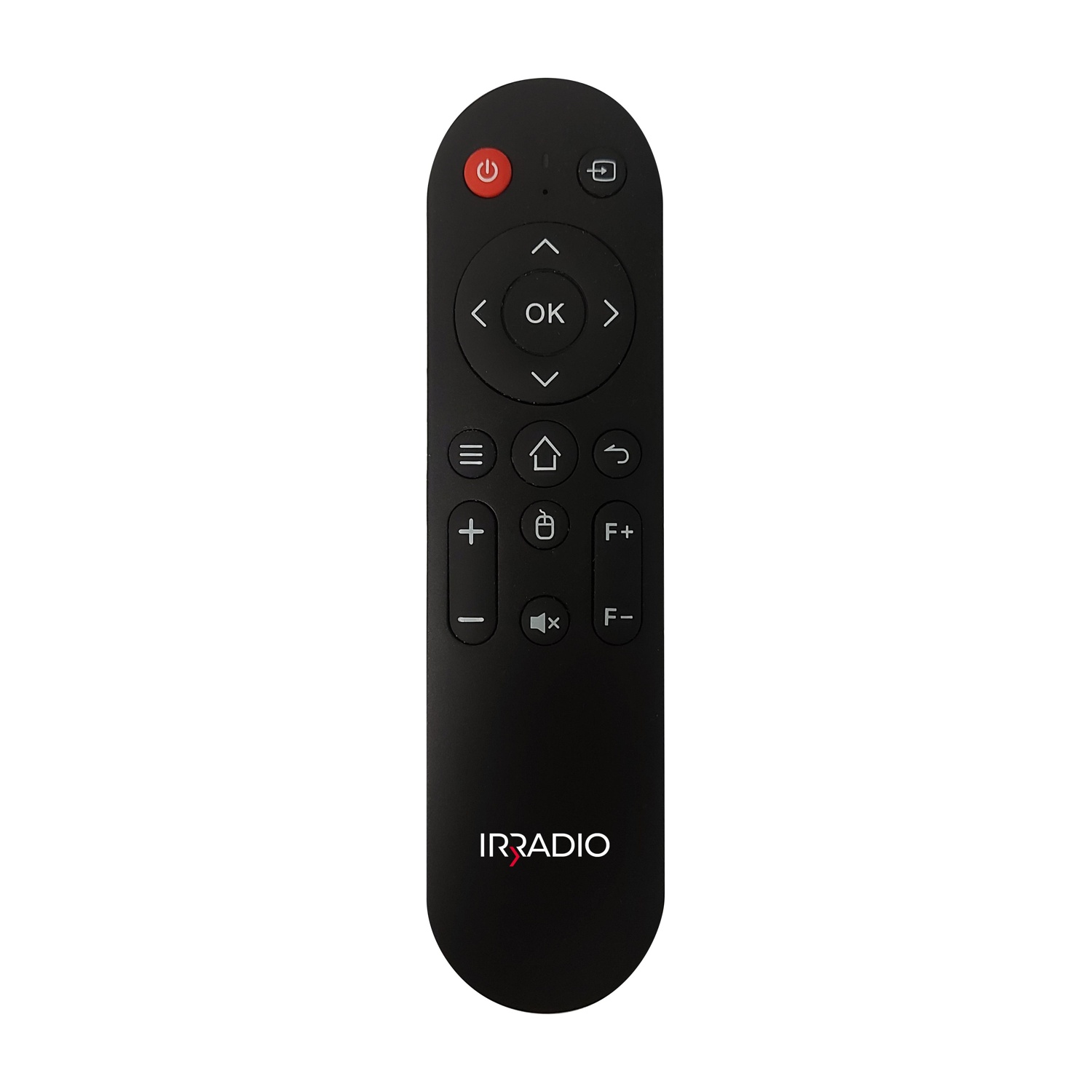 Telecomando IR nero con molti pulsanti. Include pulsanti di accensione, volume e menu. Sfondo bianco.