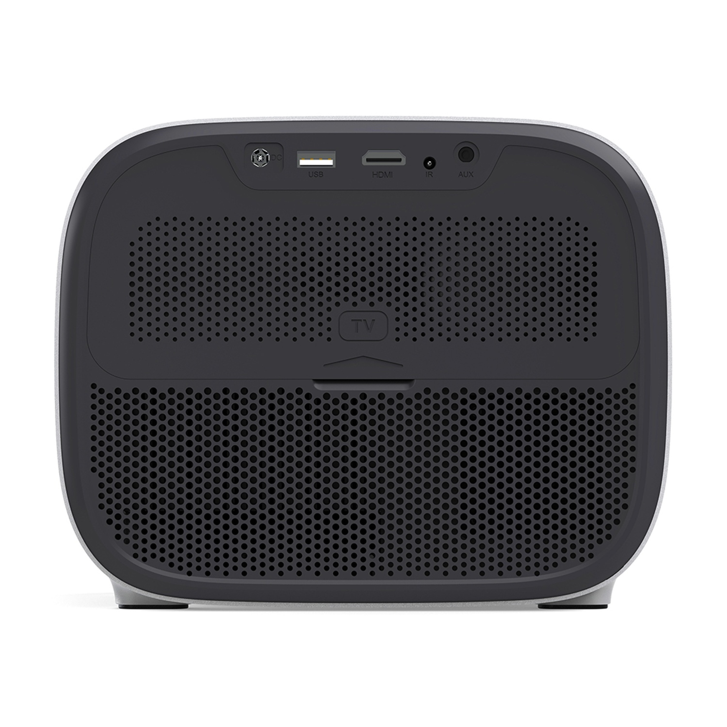 Proiettore nero con porte USB, HDMI, IR e AUX. Logo TV.