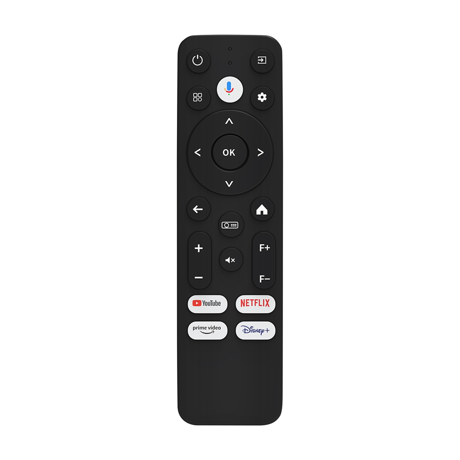Telecomando TV nero con vari pulsanti, inclusi YouTube e Netflix.