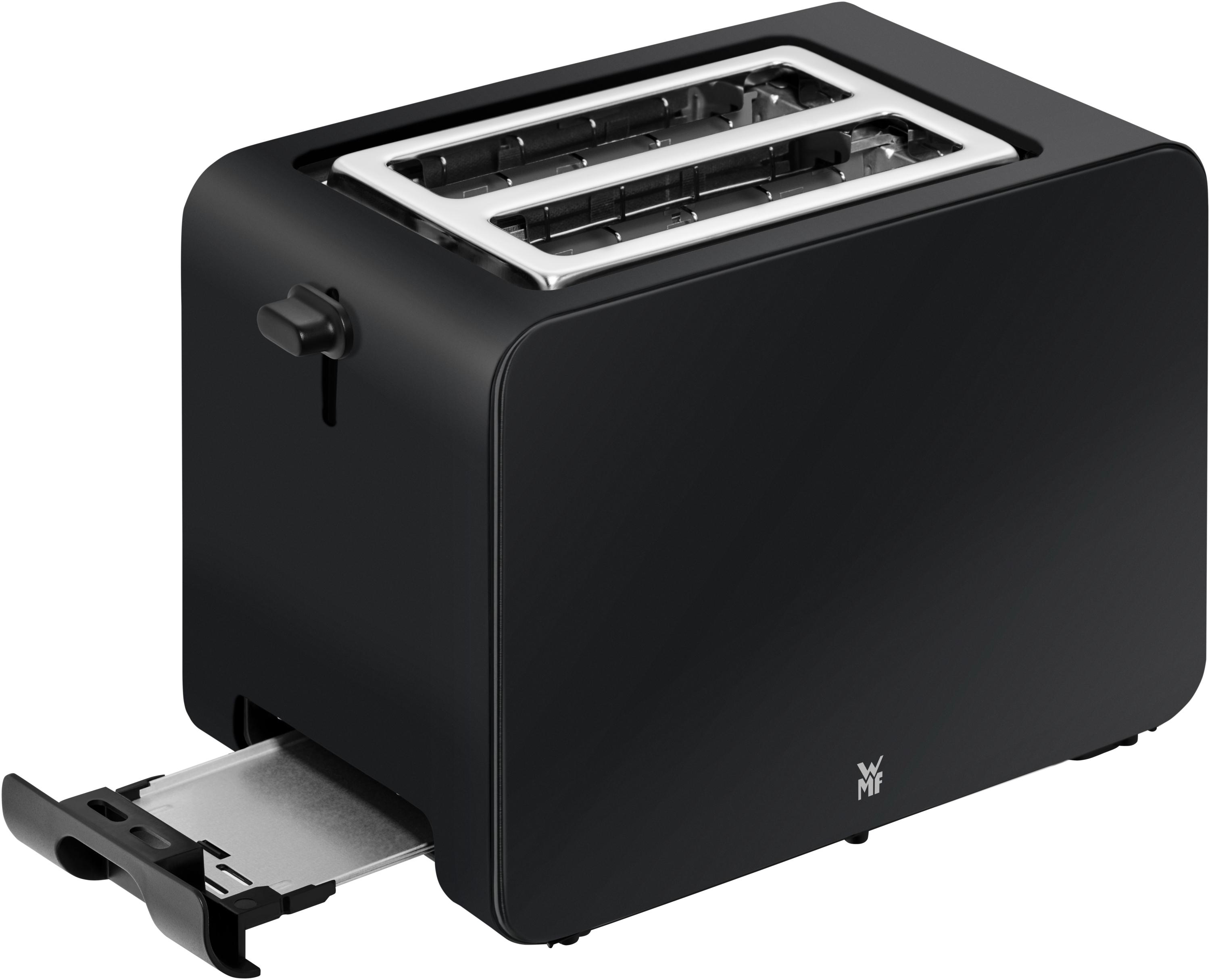 Schwarzer Toaster mit geöffneter Schublade. Er zeigt das Innere des Toasters.
