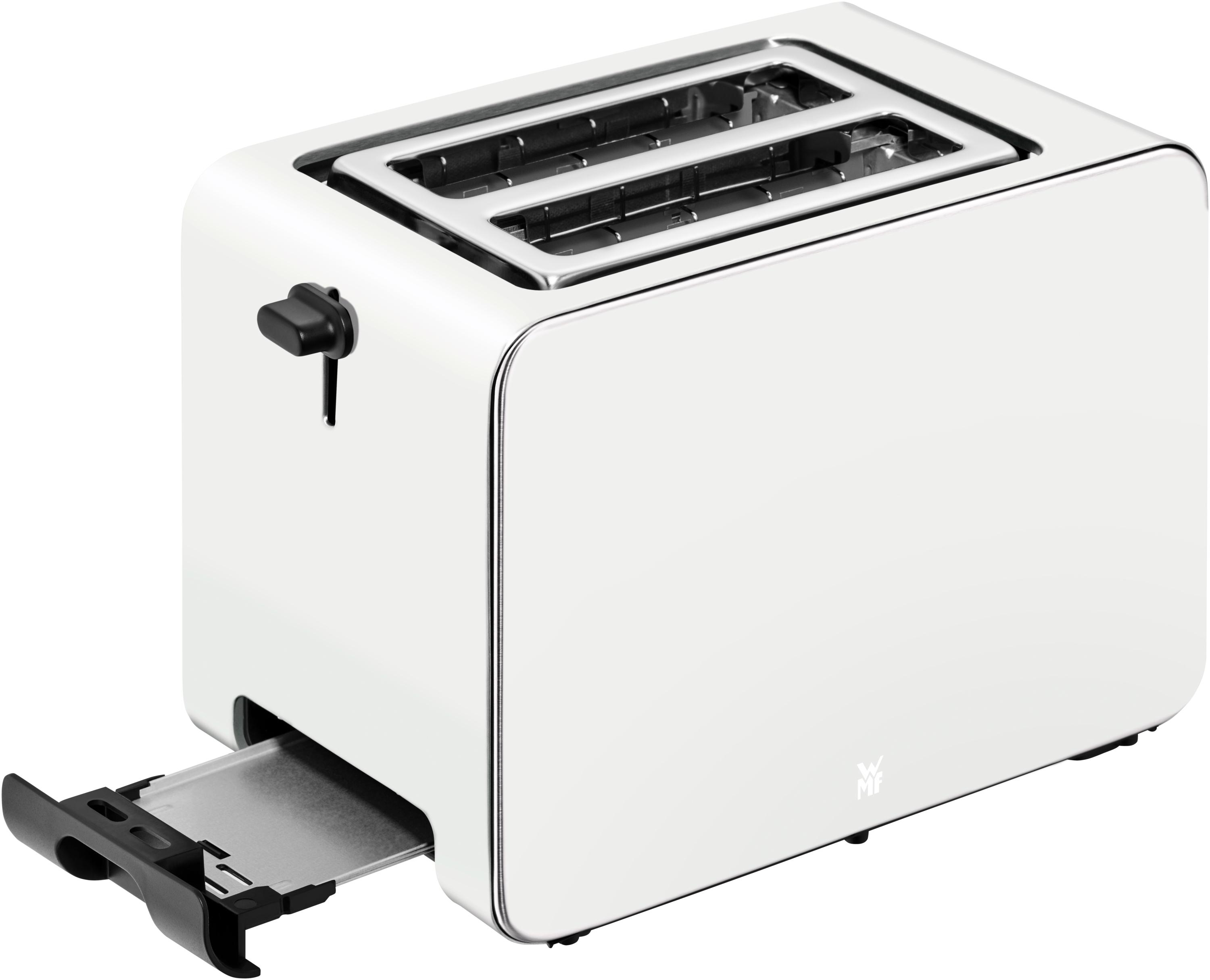 Ein weißer Toaster mit schwarzem Hebel und herausgezogener Krümelschublade.