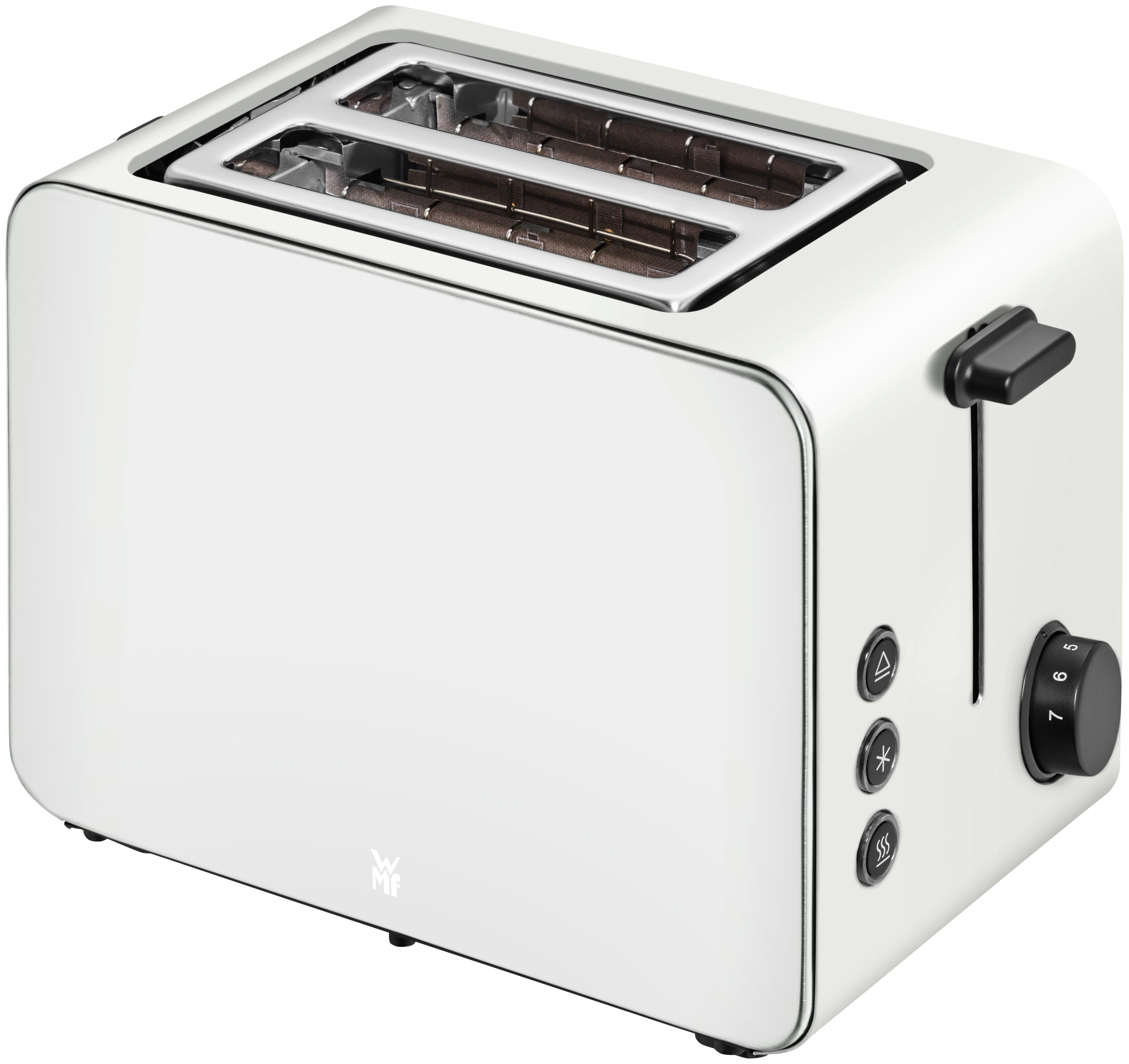 Weißer Toaster mit Edelstahl-Innenraum. Knöpfe und Hebel befinden sich rechts.