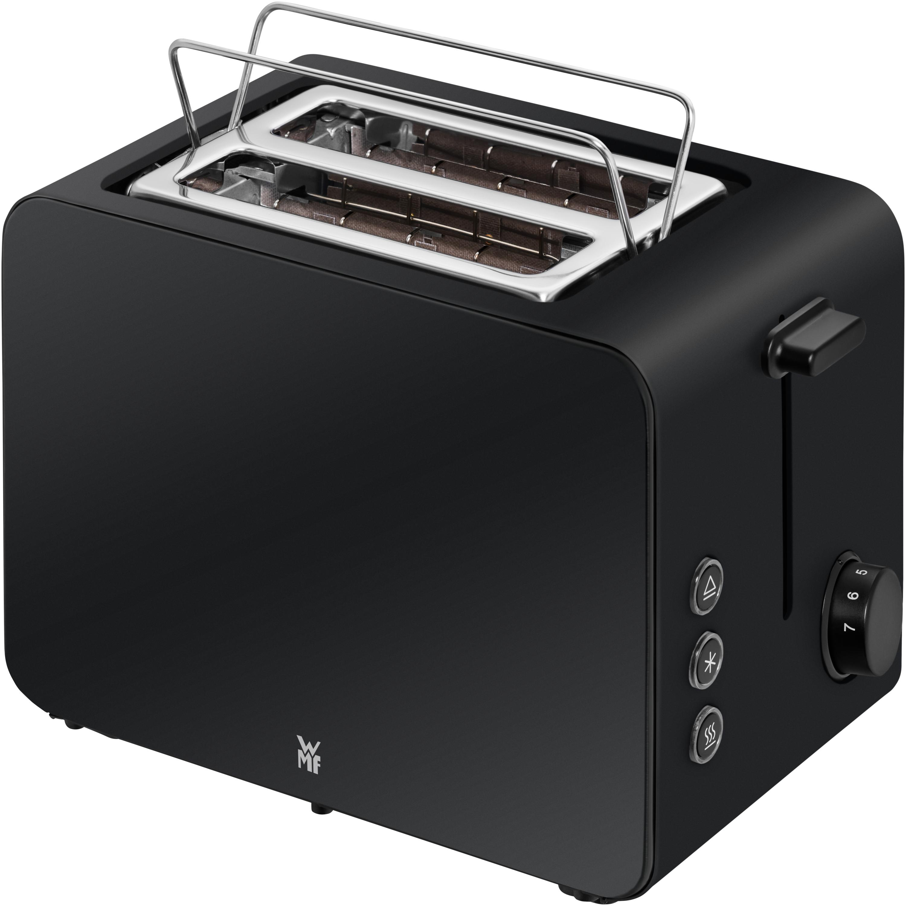 Schwarzer Toaster mit zwei Schlitzen, Knöpfen und einem Drehknopf auf weißem Hintergrund.