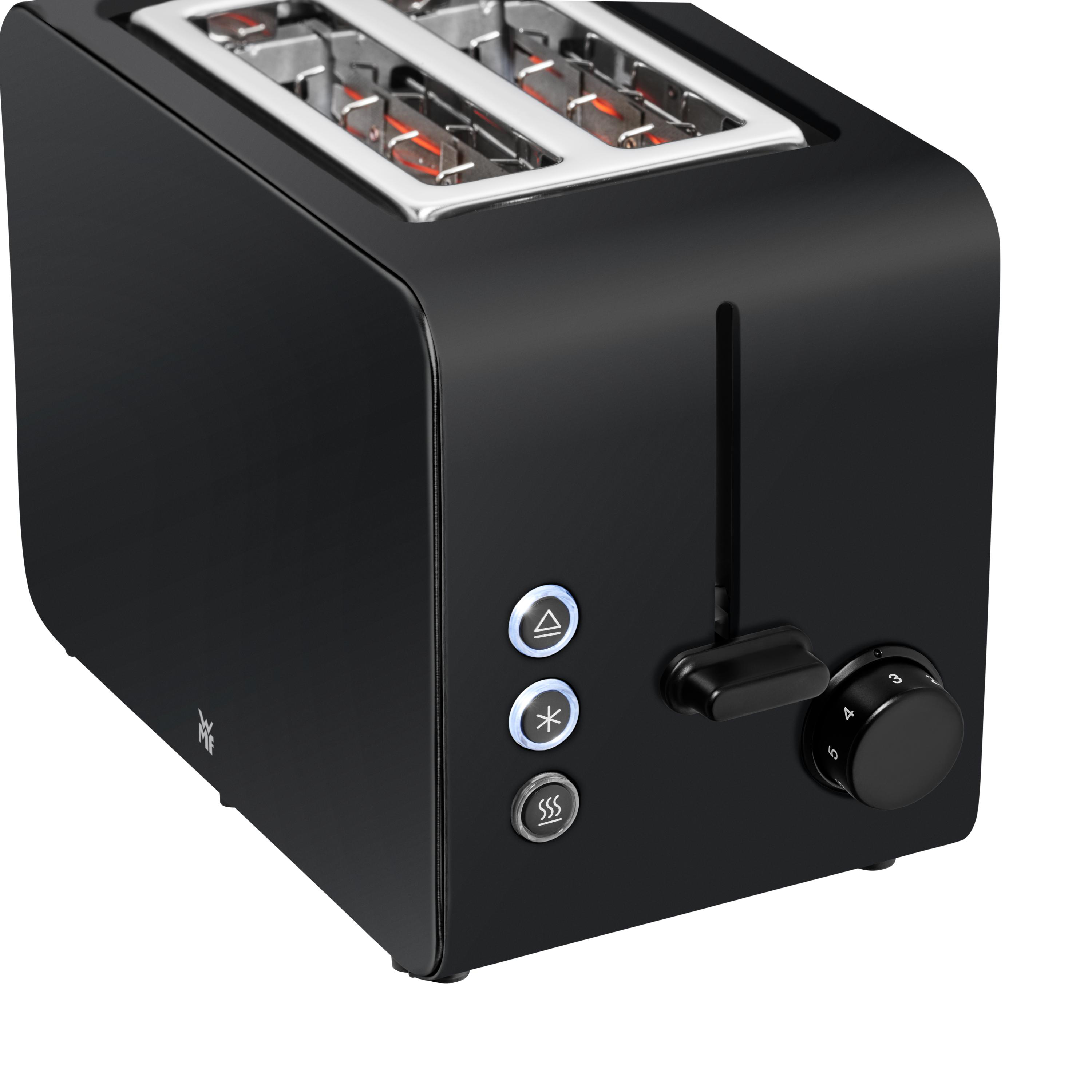 Schwarzer Toaster mit Knöpfen und Drehregler. Zwei Schlitze für Brot sind sichtbar.