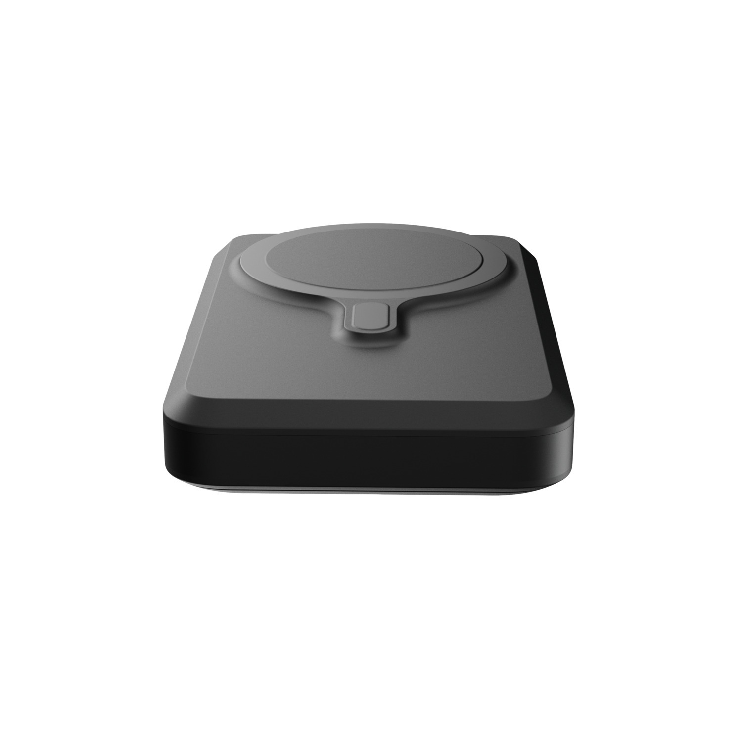 Un appareil noir avec un dessus circulaire. Il est sur fond blanc.
