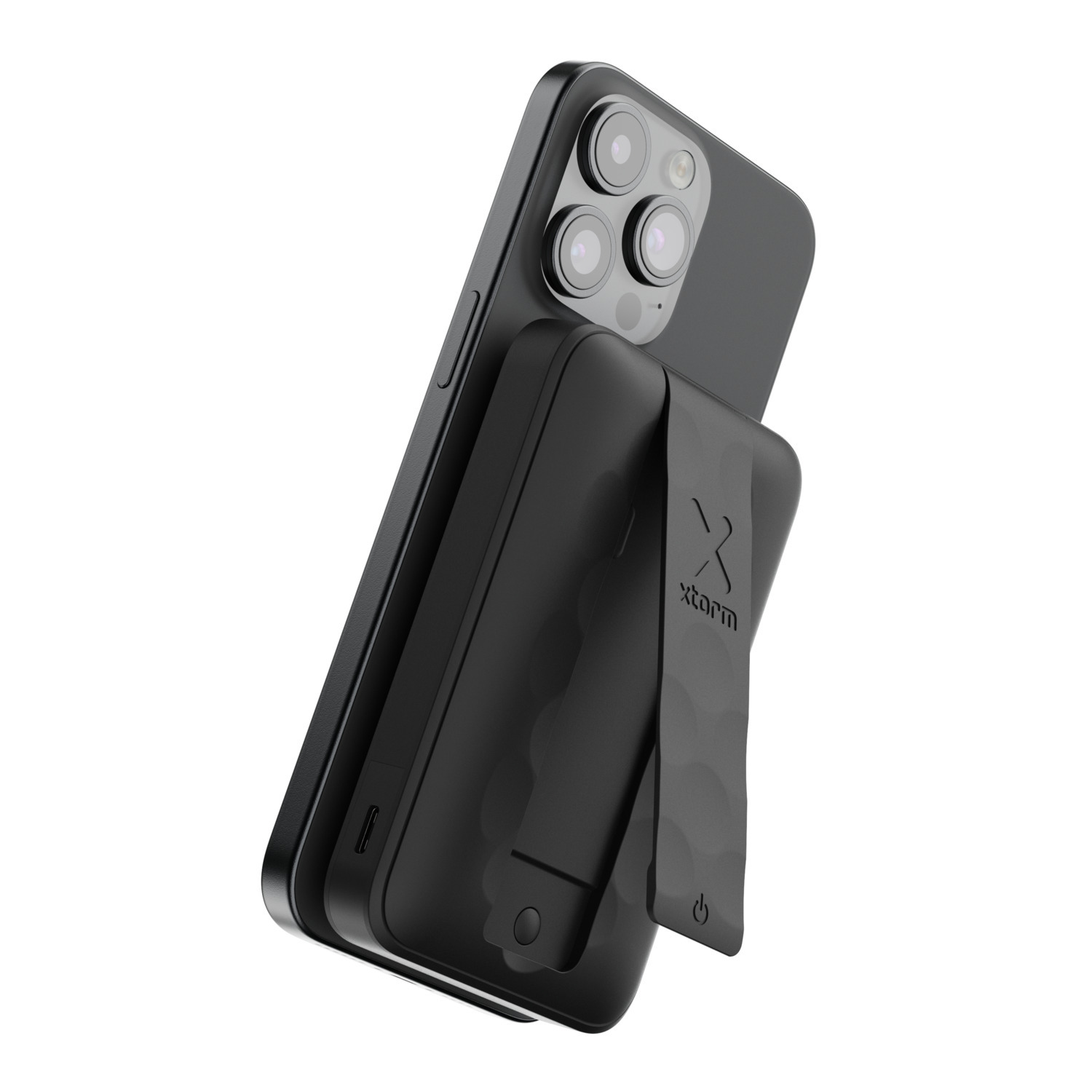 Téléphone noir avec une batterie externe noire attachée.