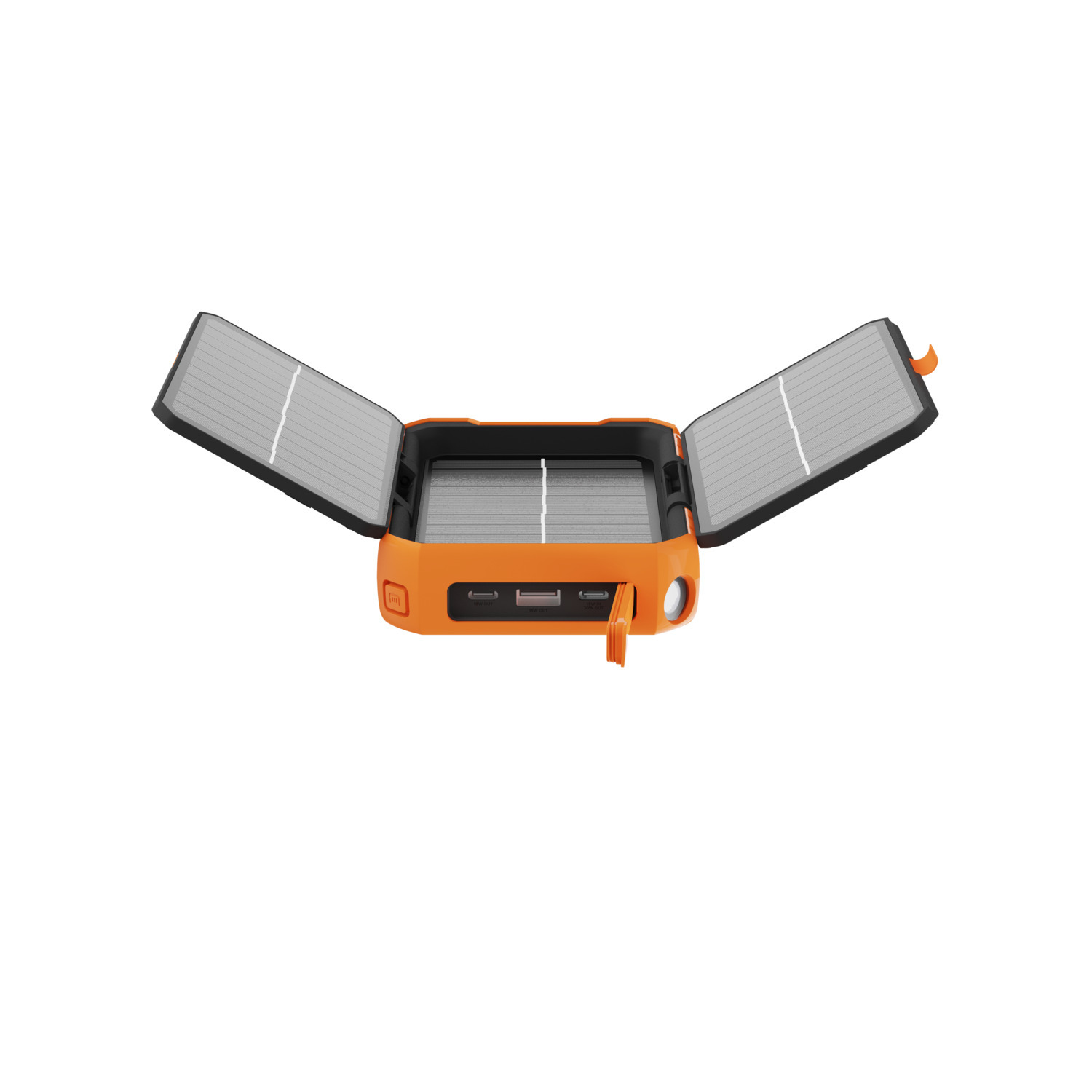 An orange solar charger with opened panels. The charger has USB ports and a light.