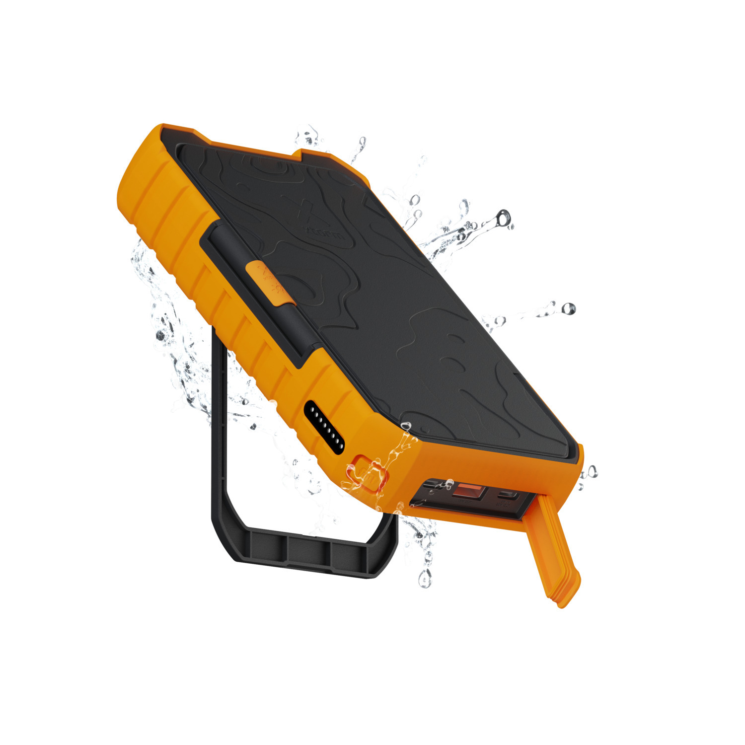 Orange and black power bank with handle, water droplets. White background.