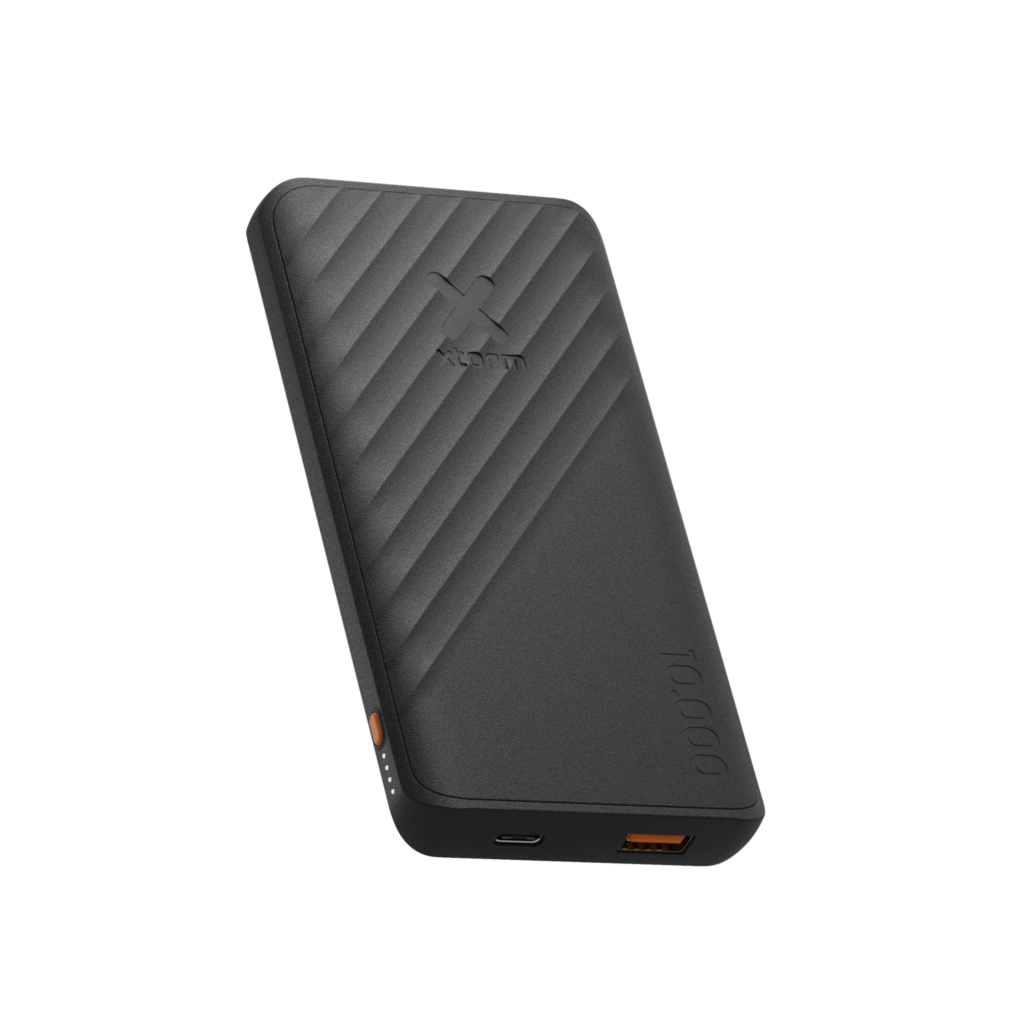 Batterie externe Xtorm 10.000 noire avec accents orange et texture côtelée.