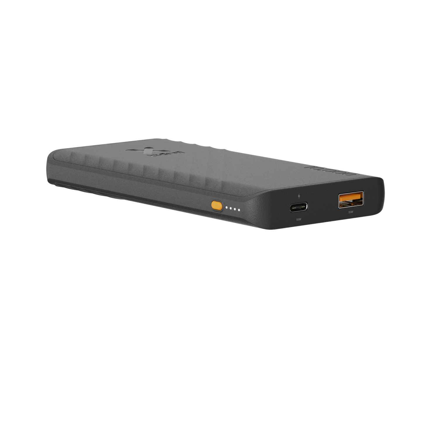 Une batterie externe noire avec quelques voyants et ports de charge. Fond blanc.