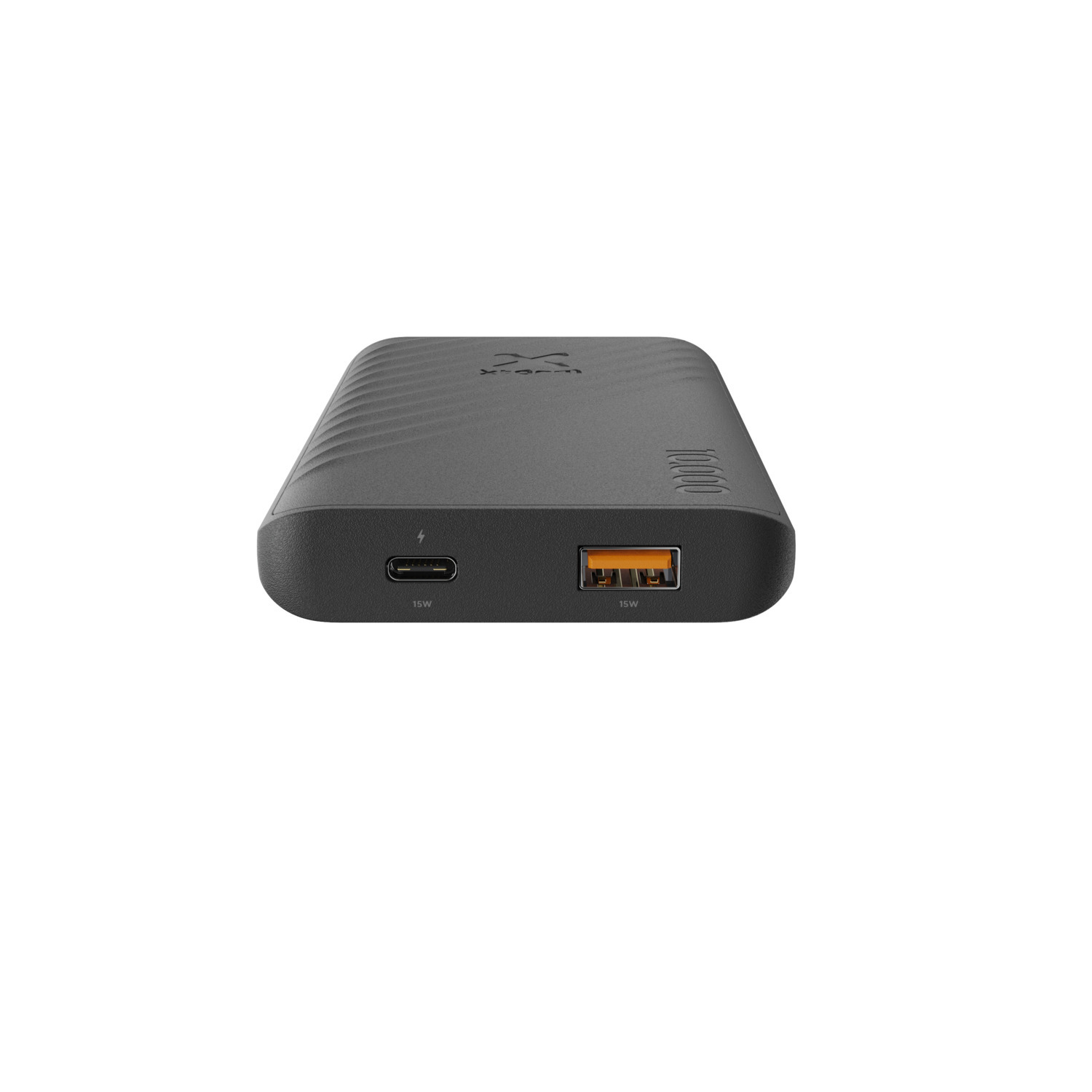 Une batterie externe noire avec deux ports USB et un port USB-C sur le bord.