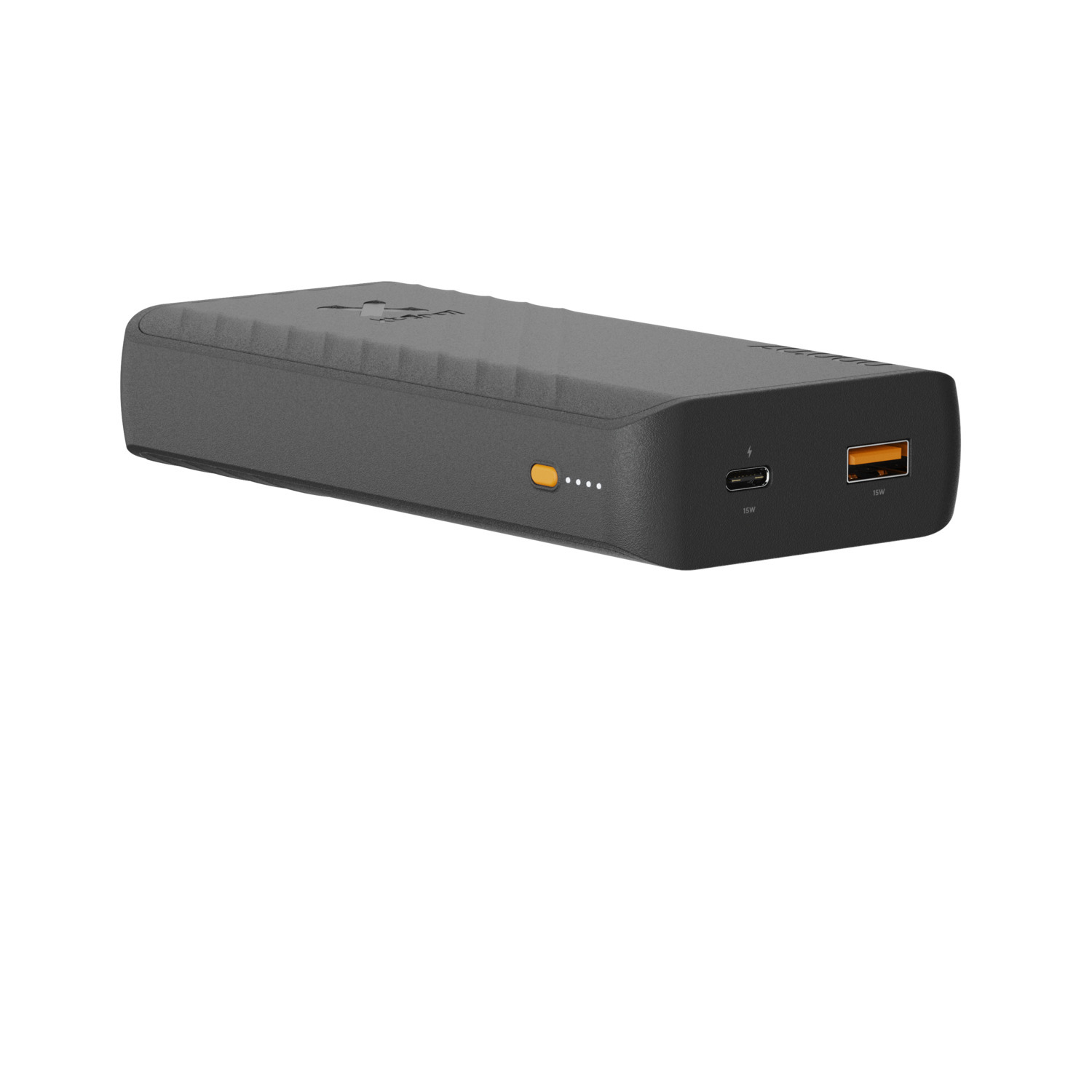 Une batterie externe grise et rectangulaire avec deux ports USB et un indicateur d'alimentation.