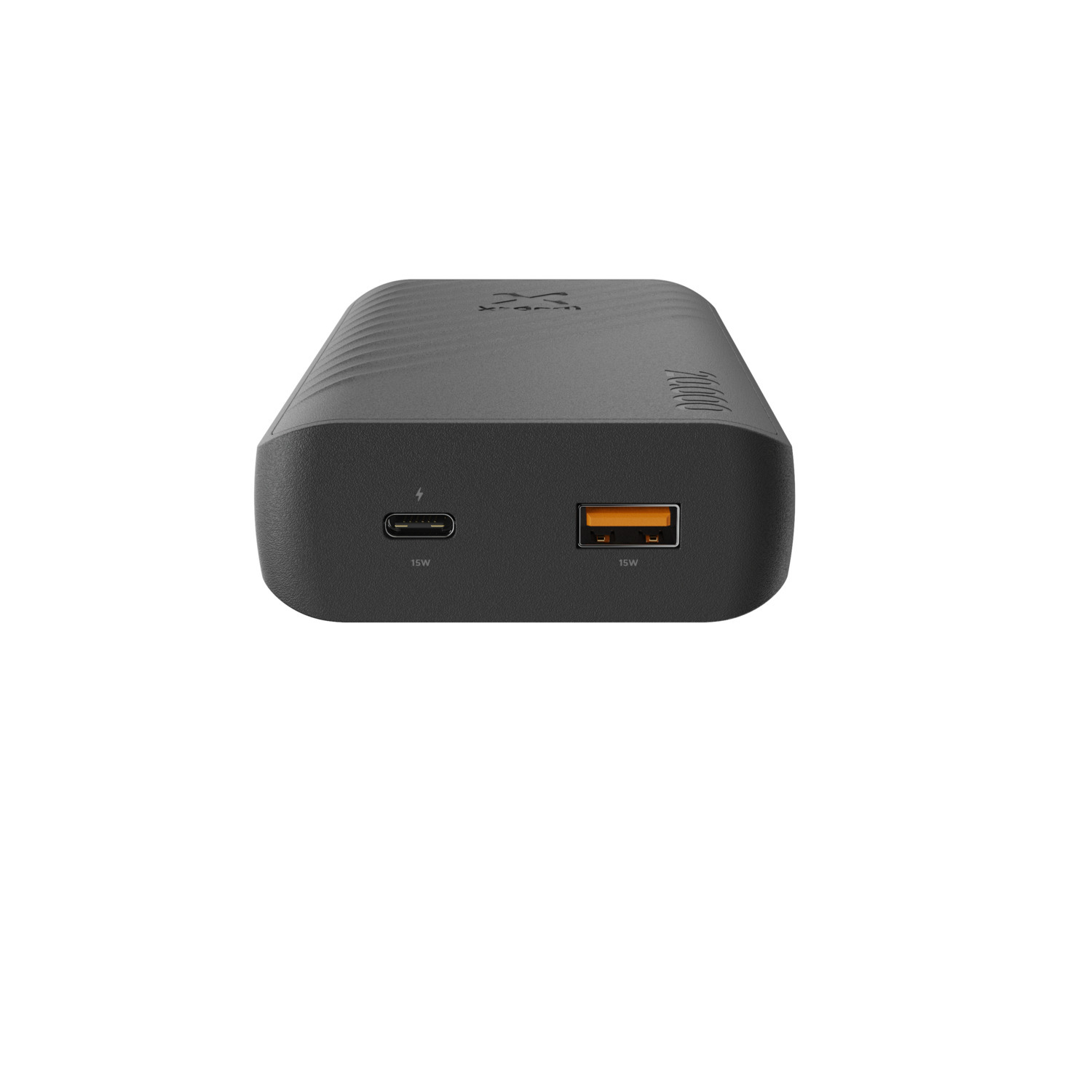 Une batterie externe noire avec deux ports de charge sur fond blanc. L'appareil est plat.