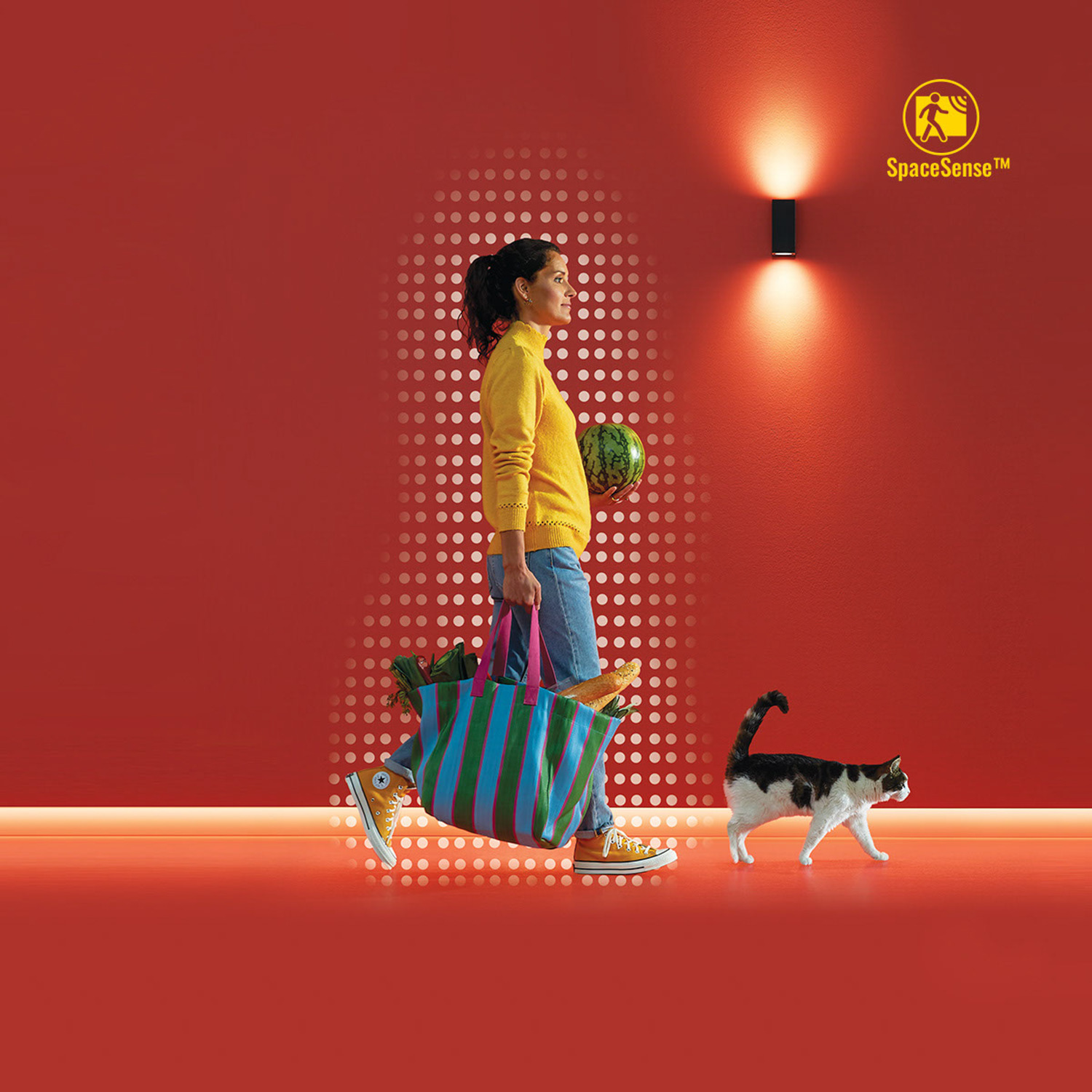 Femme marchant avec un sac de courses, un chat et une chaussure qui dépasse. Fond rouge.