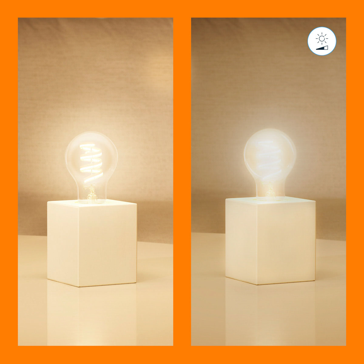 Deux ampoules allumées, une avec filament en spirale, une avec filament traditionnel, sur des cubes blancs.