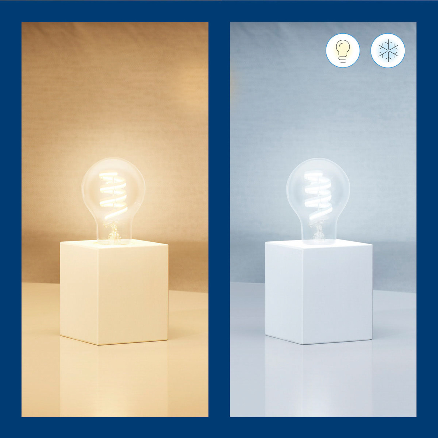 Deux images comparant les apparences d'ampoules. Une avec lumière chaude, une avec lumière froide.