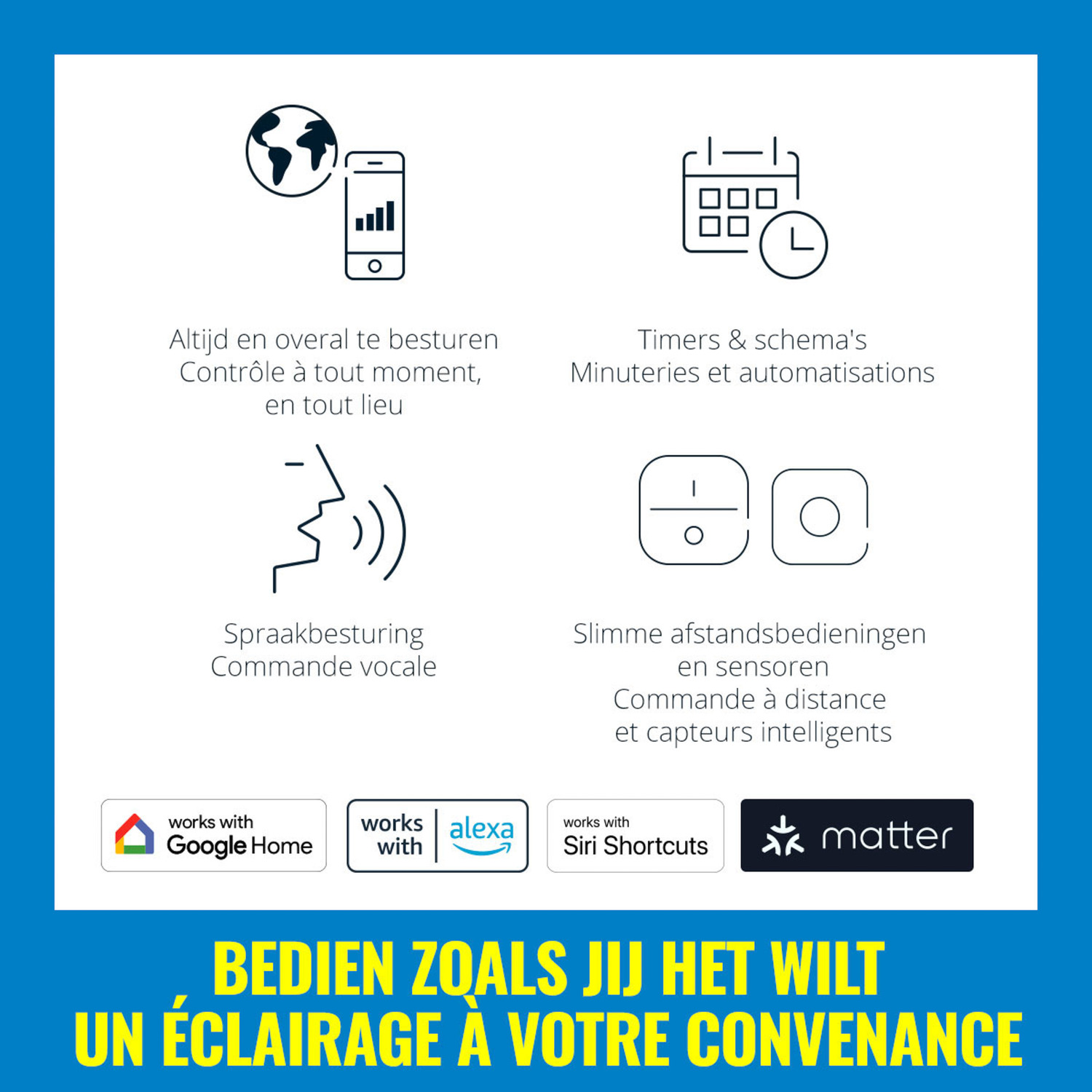 Icônes pour les fonctionnalités de la maison intelligente : contrôle de n'importe où, minuteries, commande vocale et télécommandes intelligentes.