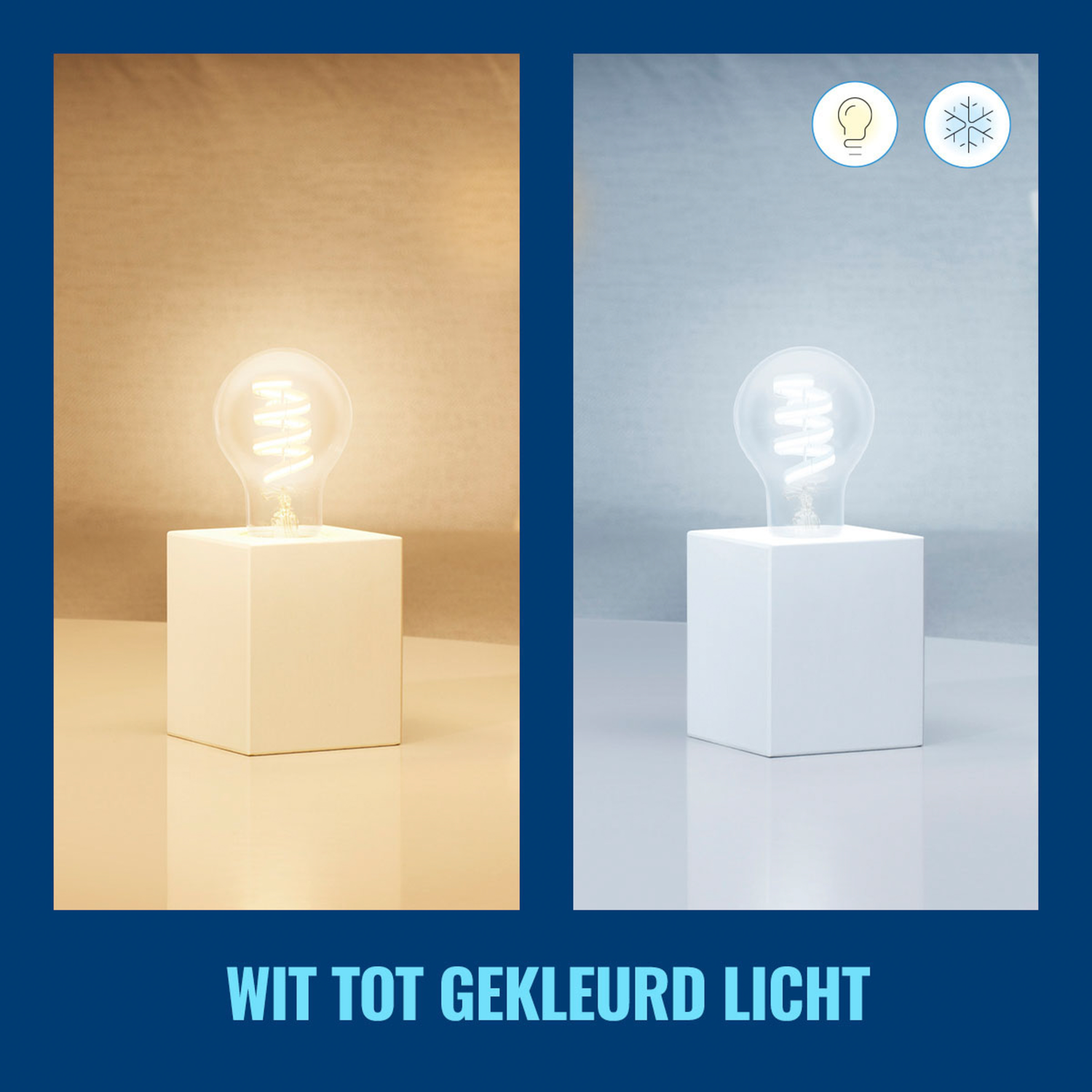 Twee afbeeldingen van een gloeilamp, met verschillende kleuren.