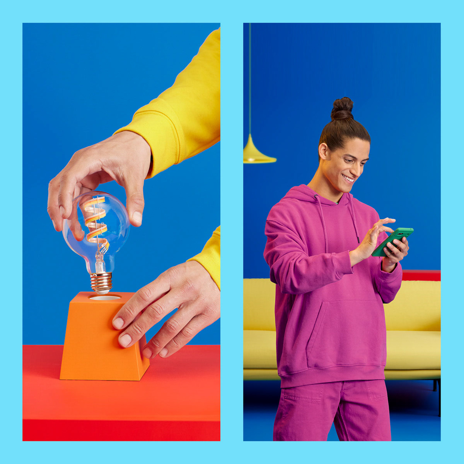 Deux images. Une avec des mains plaçant une ampoule sur une base orange, l'autre avec un homme utilisant un téléphone.