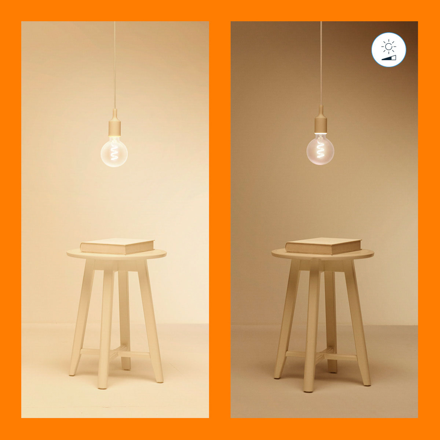 Deux images côte à côte. Une lampe avec une ampoule allumée, un livre et un tabouret. Interrupteur marche/arrêt.