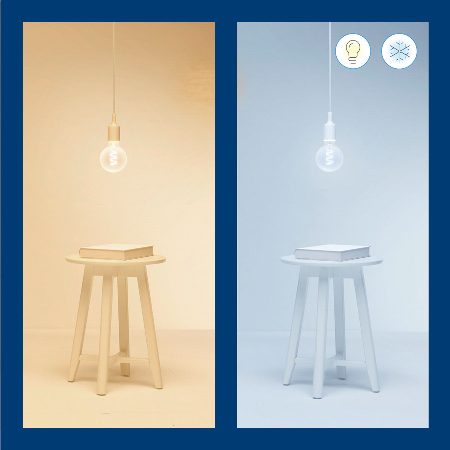 Deux images : lampe avec lumière chaude et lampe avec lumière froide, toutes deux au-dessus d'un tabouret blanc.
