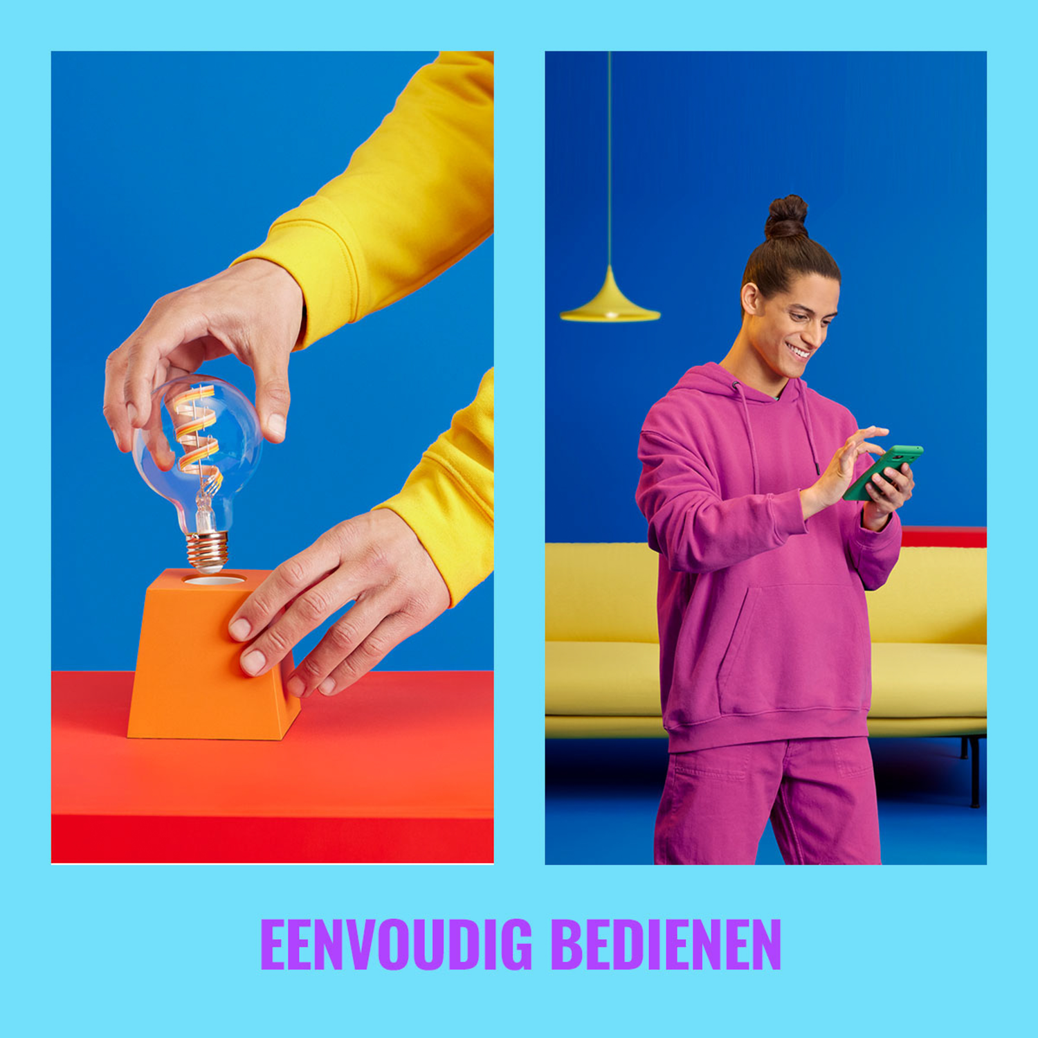 Afbeelding met twee panelen. Een persoon die een gloeilamp vasthoudt, een persoon die een telefoon gebruikt.