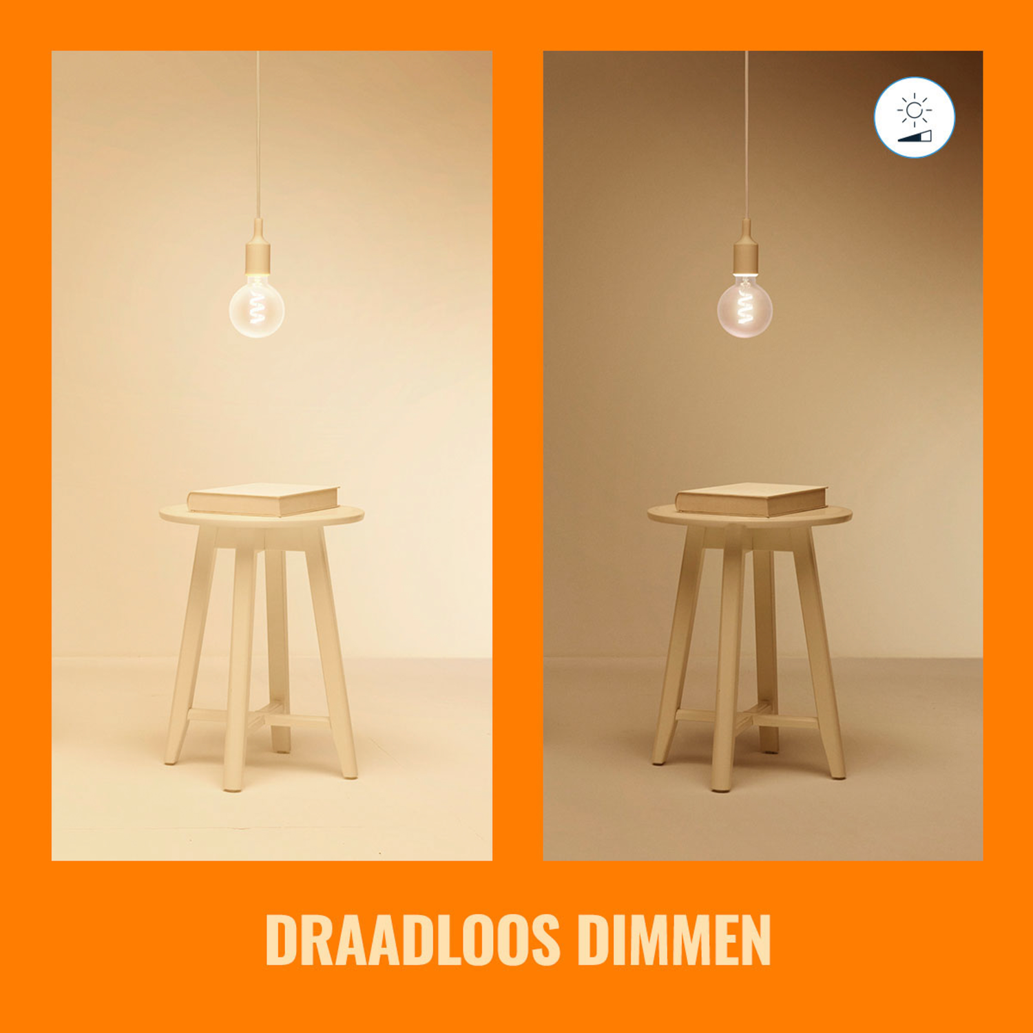 Twee afbeeldingen van een lamp met een gloeilamp. Eén aan, één uit, met dimmen.