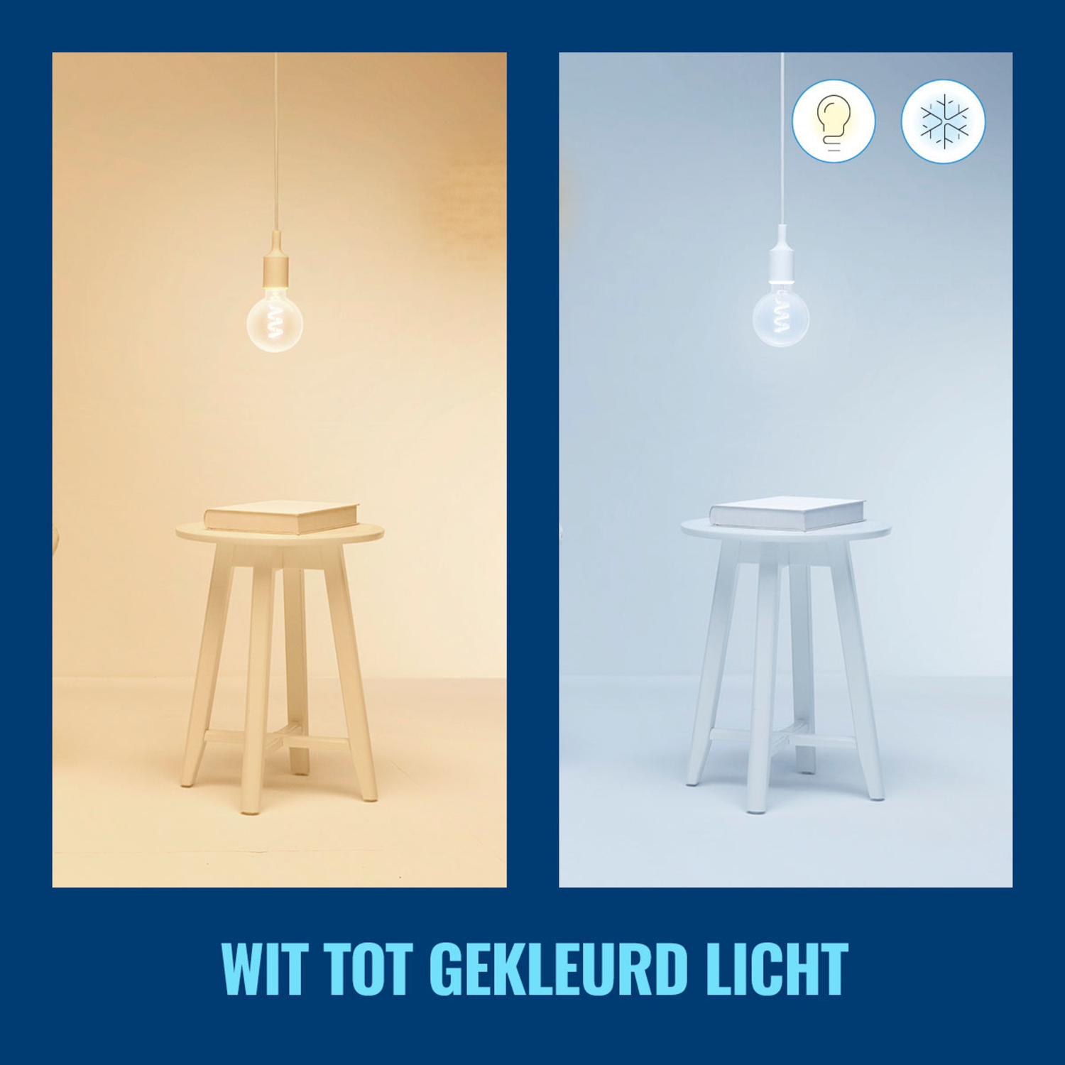Twee afbeeldingen van een gloeilamp. Eén is warm licht, de andere is koel. Een krukje staat eronder.