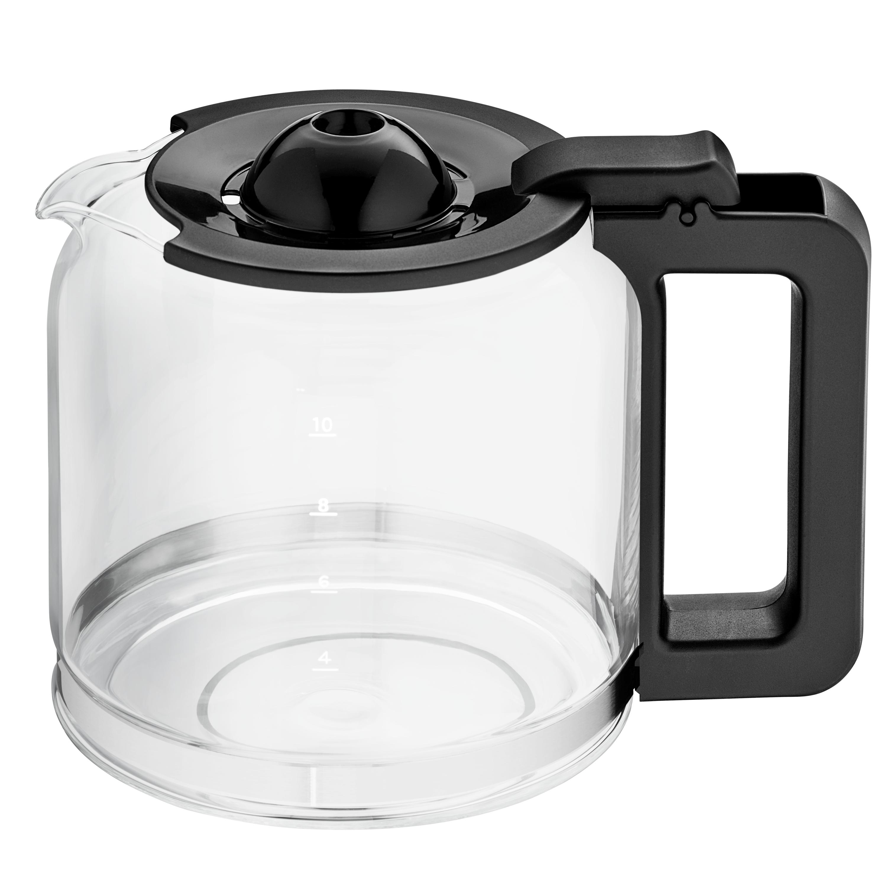Glaskaffeekanne mit schwarzem Griff und Deckel.