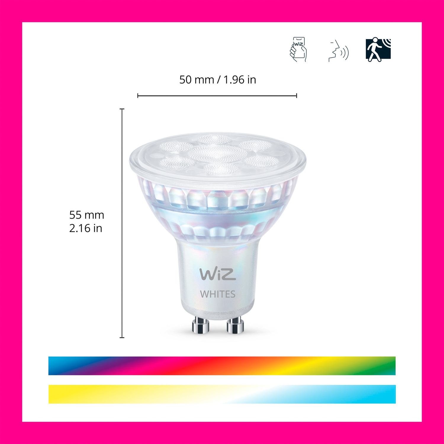 Witte Wiz Whites LED-lamp, met afmetingen en pictogrammen van het kleurenspectrum.
