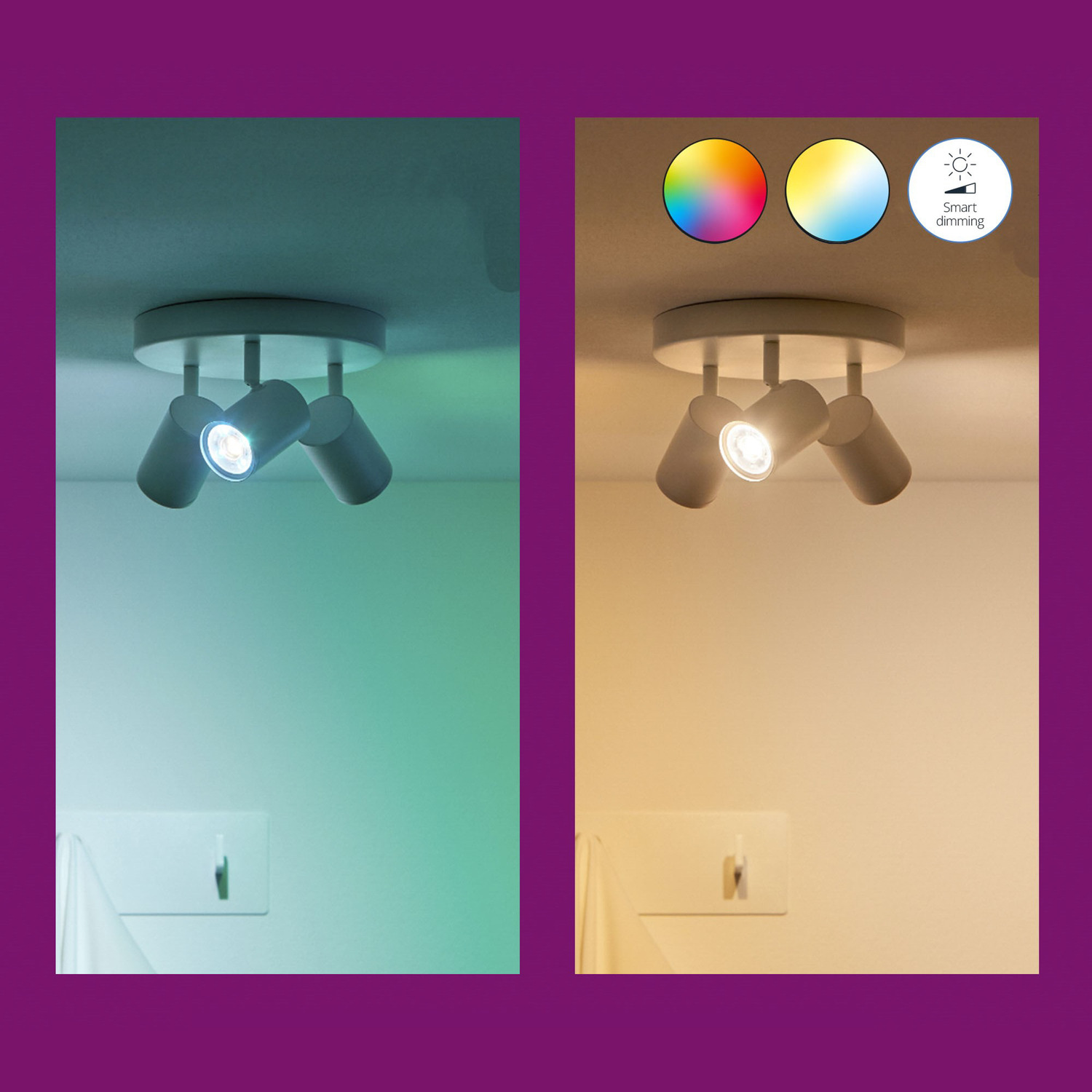 Deux images d'un plafonnier avec spots réglables, montrant les options de couleur et de gradation.
