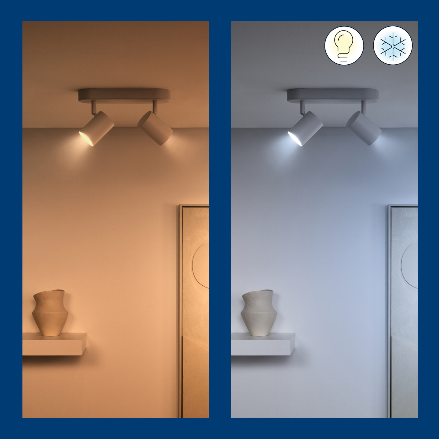 Deux images montrant des lumières avec des réglages de lumière chaude et froide. Icônes indiquent les réglages.