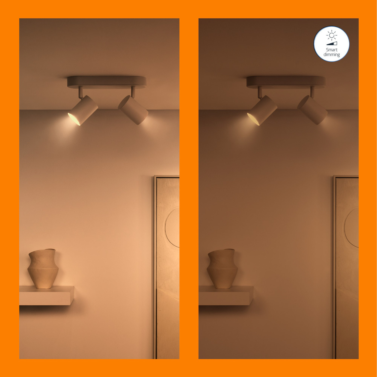 Deux images de plafonniers avec spots. L'une est allumée, l'autre tamisée. Bordure orange.