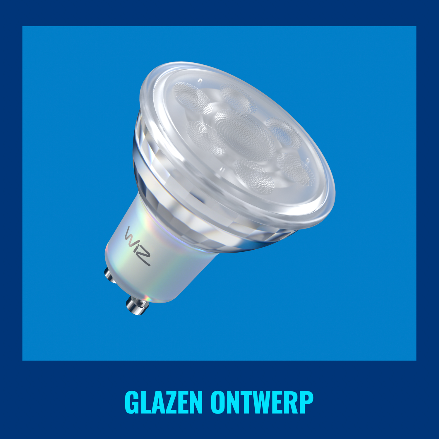 Een heldere Wiz LED-lamp met een blauw vierkant kader en het woord 'GLAZEN ONTWERP'.