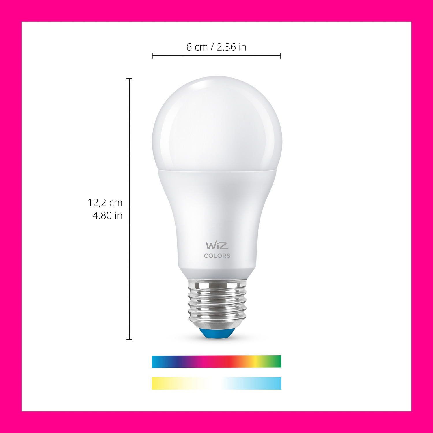 Witte gloeilamp met afmetingen en kleurenspectrum onderaan. De achtergrond is roze.