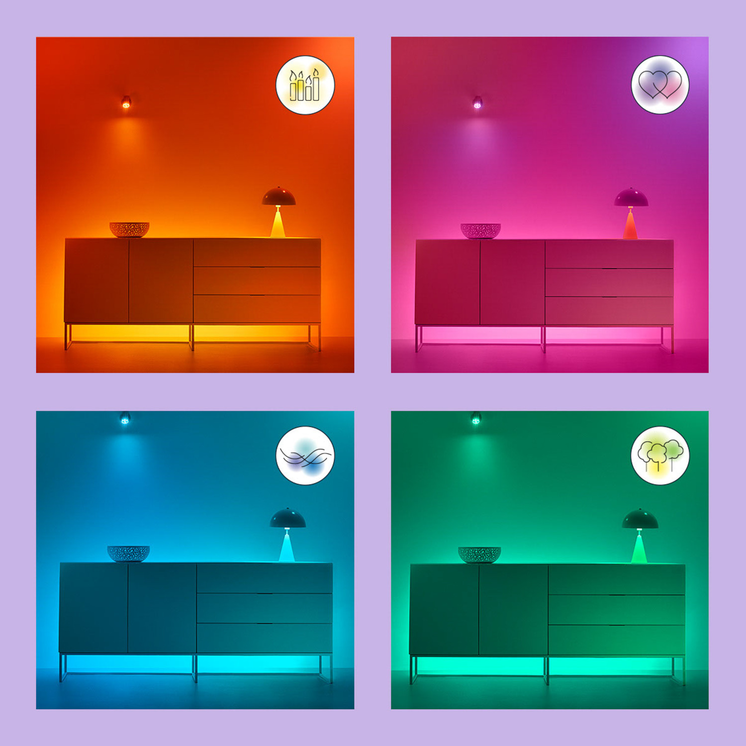 Quatre images d'un buffet avec différents schémas d'éclairage colorés.