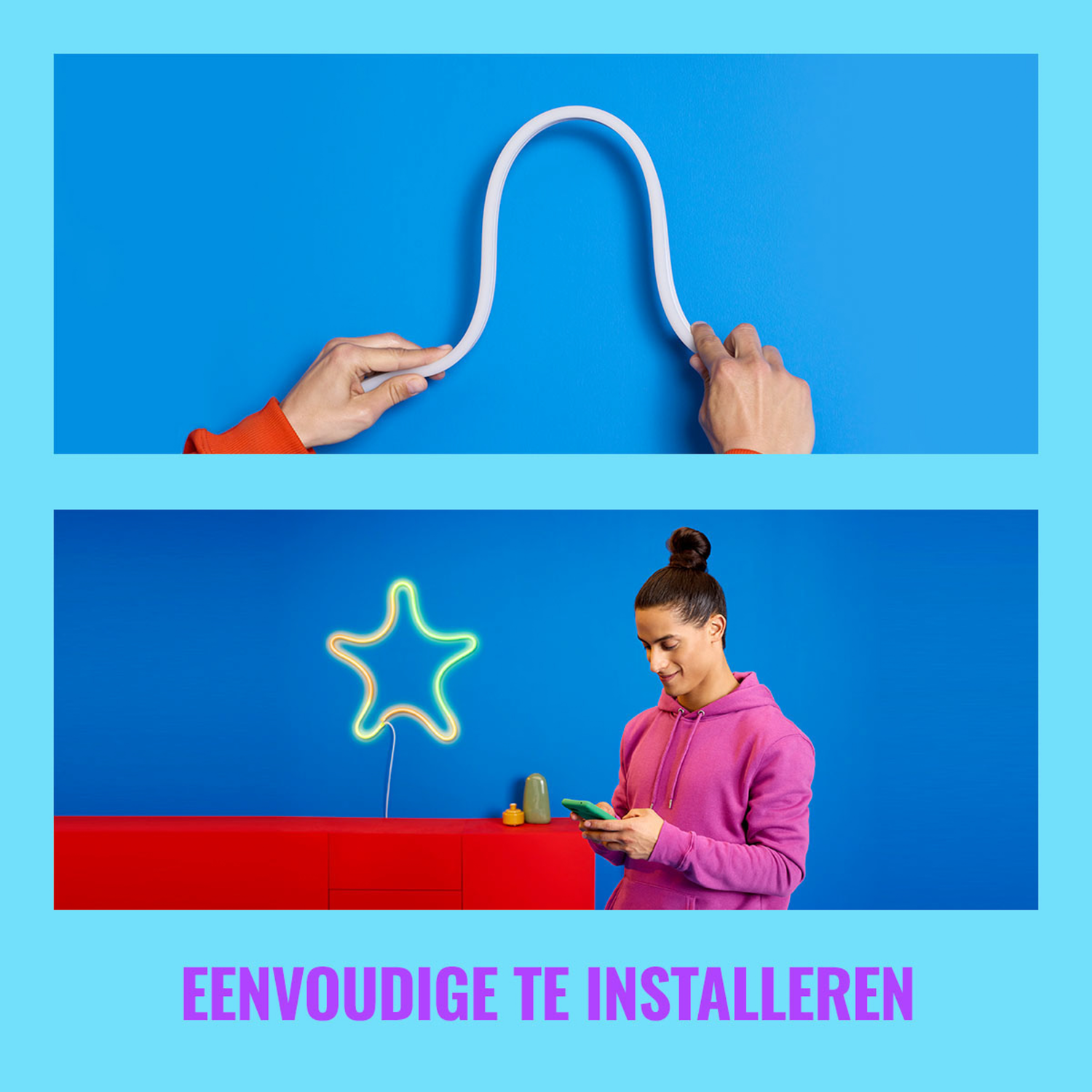 Bovenaanzicht van de handen van een vrouw die een neonlicht vasthoudt, en een vrouw die een telefoon gebruikt.