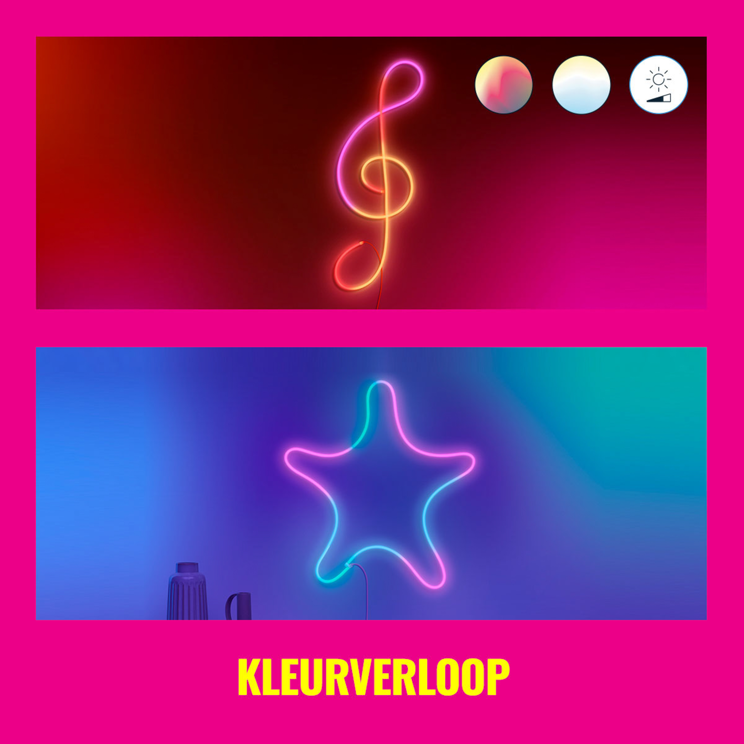 Twee neonlichtontwerpen: een muzieknoot en een ster, in roze en blauwe tinten, op een roze achtergrond.