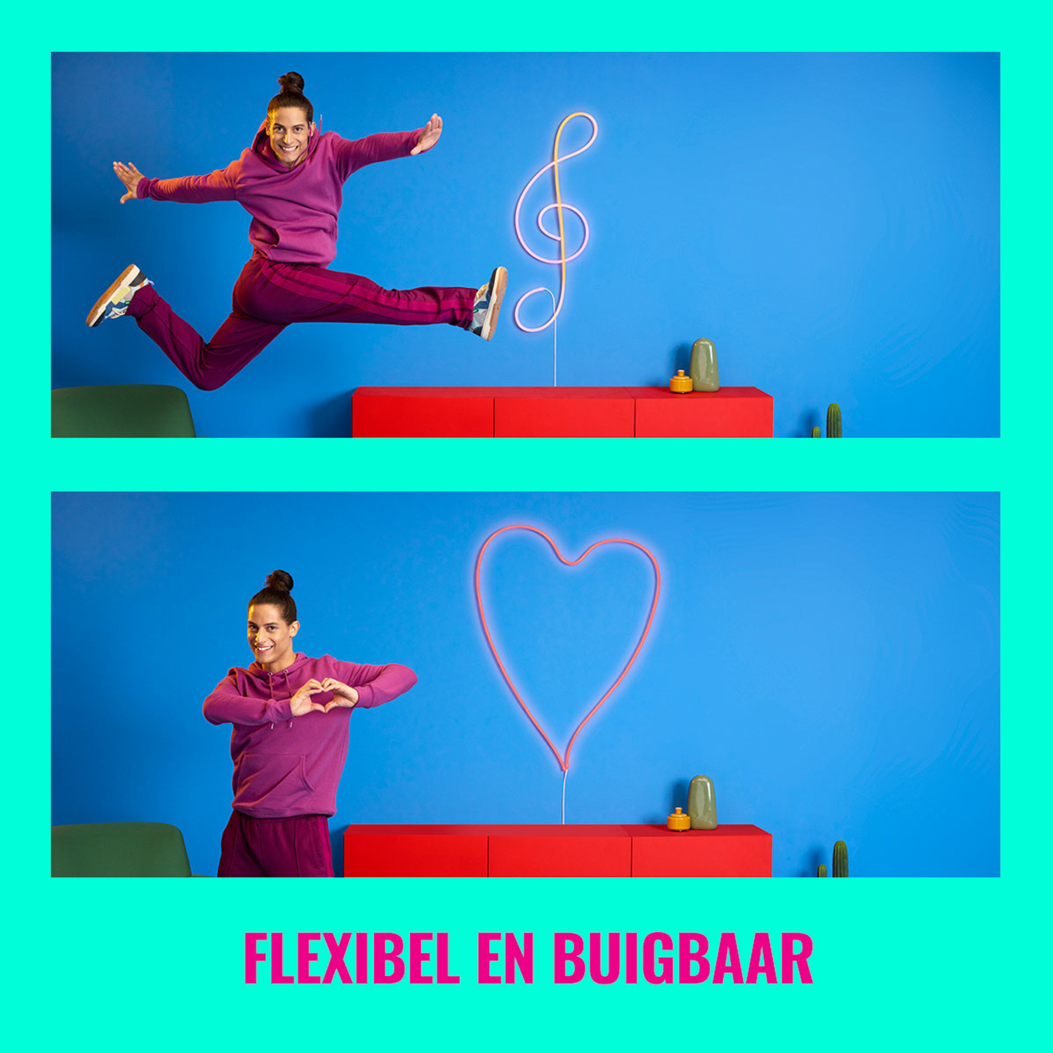 Vrouw springt en vormt een hart met neonlichten op blauwe achtergrond.